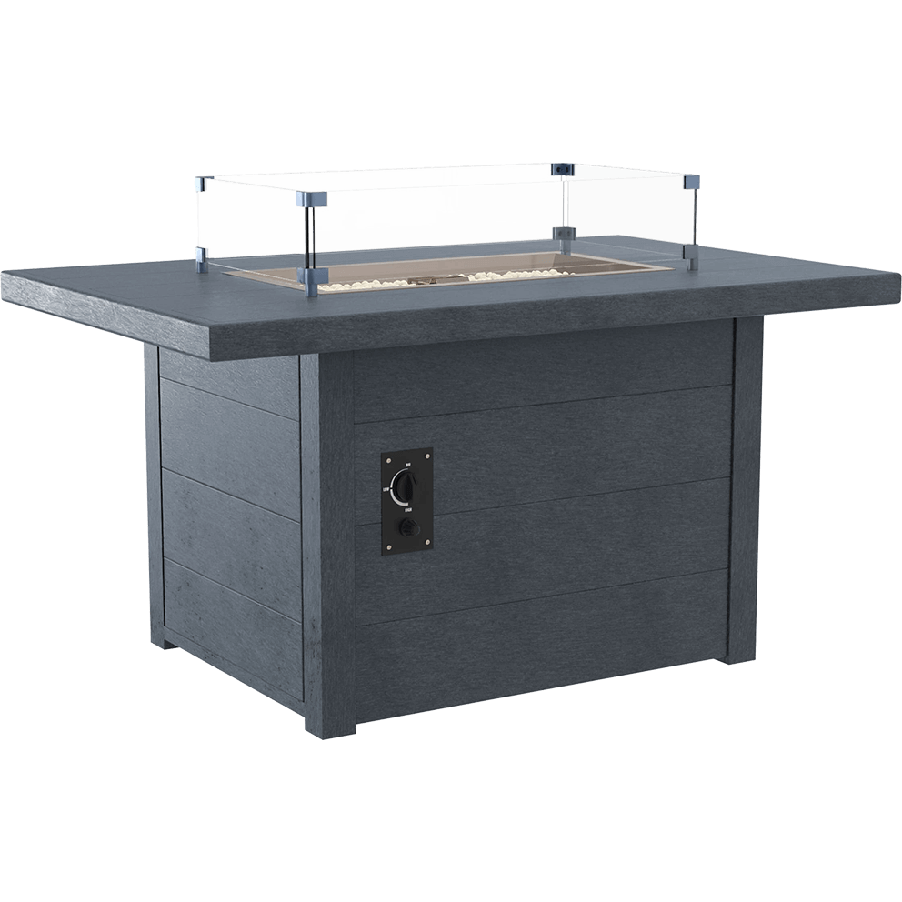 A studio style angled product image of the CRP rectangular fire table in dark grey recycled plastic. The table surface features the clear rectangular wind guard fixed above a bed of fire glass. The marine grade stainless steel burner controls are visible on the side panel. The smooth, weather resistant slatted construction and broad tabletop edges are clearly displayed, highlighting the table’s durability and low maintenance design for outdoor living.