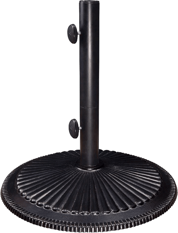 Front view of a black Classic Cast Iron Umbrella Base with a vertically attached pole mount and two circular tightening knobs. The circular base showcases a detailed ribbed sunburst pattern that extends to a slightly ridged outer edge, enhancing both grip and decorative appeal. The heavy cast iron body ensures reliable stability for medium-sized patio umbrellas.