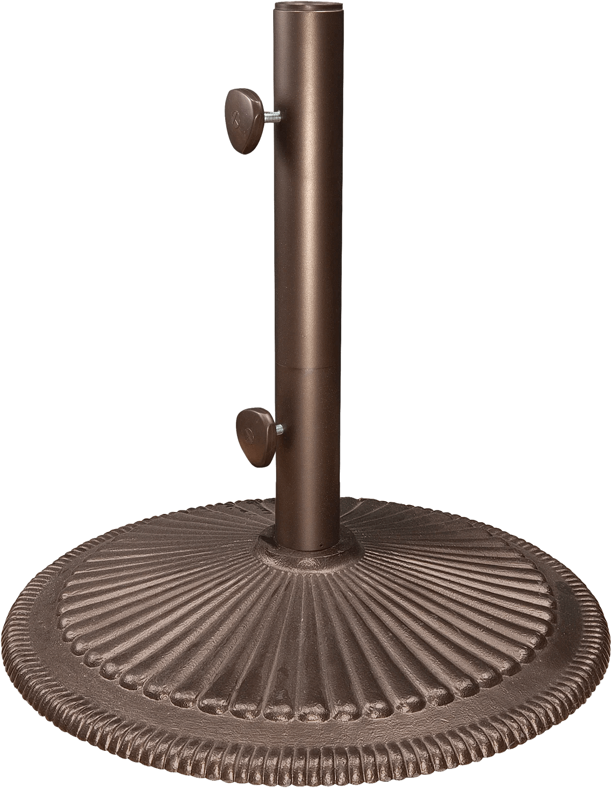 Front view of a bronze Classic Cast Iron Umbrella Base with a round, textured base and a sturdy central pole mount. The two silver tightening knobs allow adjustment to secure umbrellas up to 1.5 inches in diameter. The bronze metallic sheen and radial grooved surface add an elegant, timeless touch suitable for classic or contemporary patio settings.