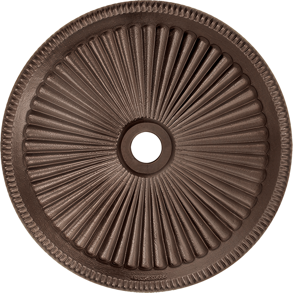 Top-down view of a bronze Classic Cast Iron Base revealing its symmetrical ribbed design radiating outward from a central circular hole for the umbrella pole. The cast iron’s sculpted texture and precise machining create an attractive blend of form and function, offering both visual appeal and heavy-duty stability for outdoor umbrellas.