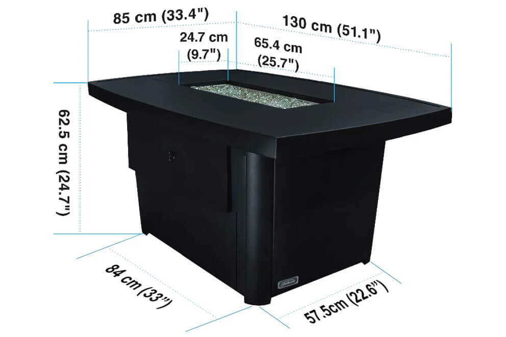 Technical diagram of the Sunbeam Edge Fire Table showing full dimensions in centimetres and inches. The image displays a three quarter angled view of the rectangular black onyx aluminum table with labelled measurements including overall length, width, height, and burner opening size. The burner area filled with clear kidney shaped glass beads is centred on the tabletop. Blue dashed measurement lines extend outward from key edges, connecting to text labels that present exact dimensions. The cabinet base and subtle curvature of the tabletop are clearly defined. SEO keywords included: Edge Fire Table dimensions, technical specs, Sunbeam aluminum fire table measurements.