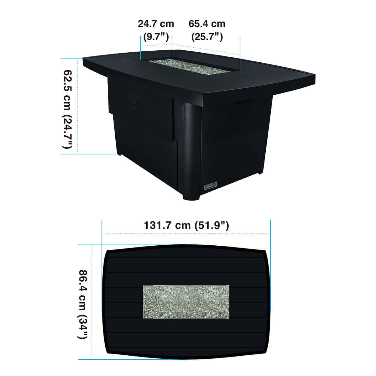 Overhead and angled technical diagram showcasing full measurements of the Sunbeam Edge Fire Table. The top half features an angled view of the black onyx aluminum table with measurement lines indicating height, burner width, and burner length. The bottom half displays a true top down view, showing the gentle curvature of the tabletop edges and the centrally positioned rectangular burner area filled with textured kidney shaped beads. Blue dashed lines and text labels show precise dimensions in centimetres and inches. SEO keywords included: Sunbeam fire table specifications, Edge Fire Table sizing chart, aluminum fire pit measurements.