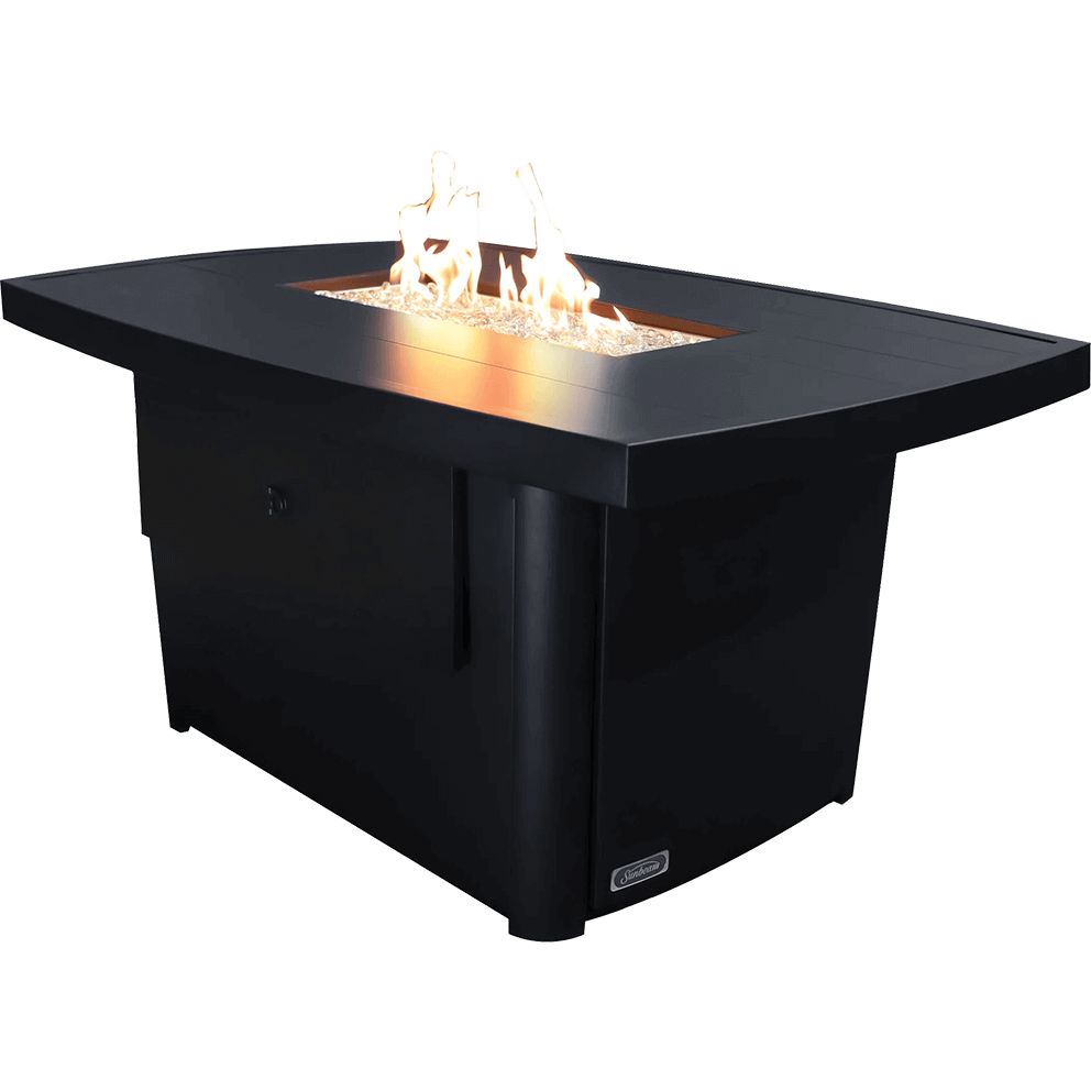 High clarity isolated product image of the Sunbeam Edge Fire Table against a white background, shown at a dynamic front left angle. The black onyx aluminum tabletop showcases smooth curved edges leading toward the central rectangular burner filled with kidney shaped glass beads, illuminated by bright, natural looking flames rising in gentle waves. The flame reflection washes across the tabletop, highlighting its satin finish. The lower cabinet features subtle panel lines and a concealed propane access point. Overall design emphasises the table’s refined silhouette and warm ambience. SEO keywords included: Sunbeam Edge Fire Table angled view, aluminum propane fire table, modern outdoor fire pit.