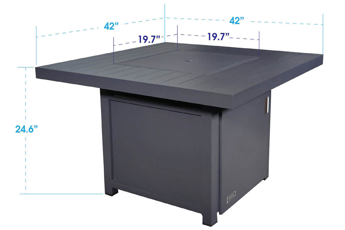 A measurement graphic of the Sunbeam Fabia Fire Table showing its square warm grey aluminum form with clearly marked dimensions. The slatted top measures 42 inches on each side, with the recessed centre fire bowl area measuring 19.7 inches square. The table height is 24.6 inches. The image highlights the table’s sturdy squared legs, concealed propane access door and the clean linear design of the slatted tabletop surrounding the burner area, offering precise size reference for patio layout planning.