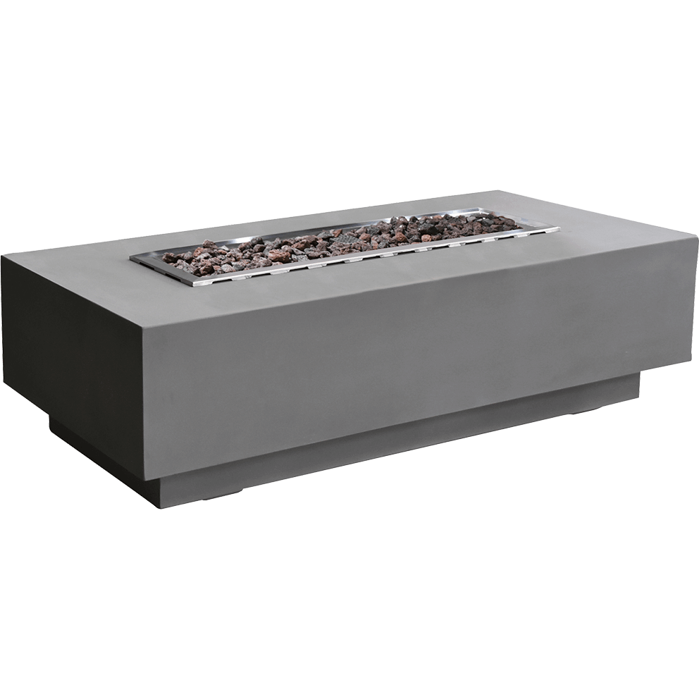 A clean studio image of the Elementi Granville Fire Table with the flame extinguished. The long rectangular stainless steel burner tray is filled with dark lava rock. The smooth light grey concrete body and recessed pedestal base create a sharp modern silhouette, isolated against a transparent background.