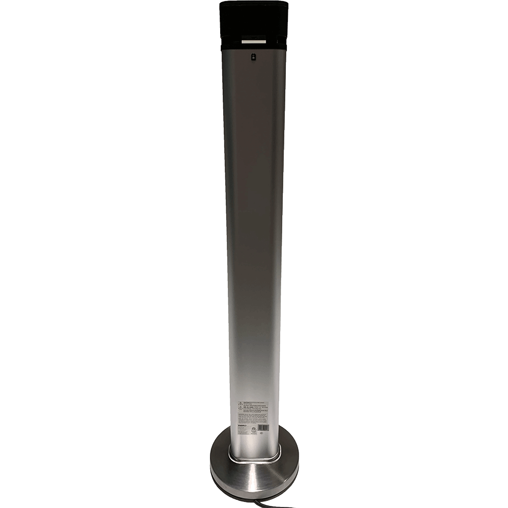 Rear view of the HEA-215110CVR free-standing infrared heater showing the smooth, tall brushed-metal back panel extending from the circular stainless steel base up to the black top housing. A centred printed safety label appears on the lower back section. The power cable is partially visible at the base. No heating elements are visible from this angle.