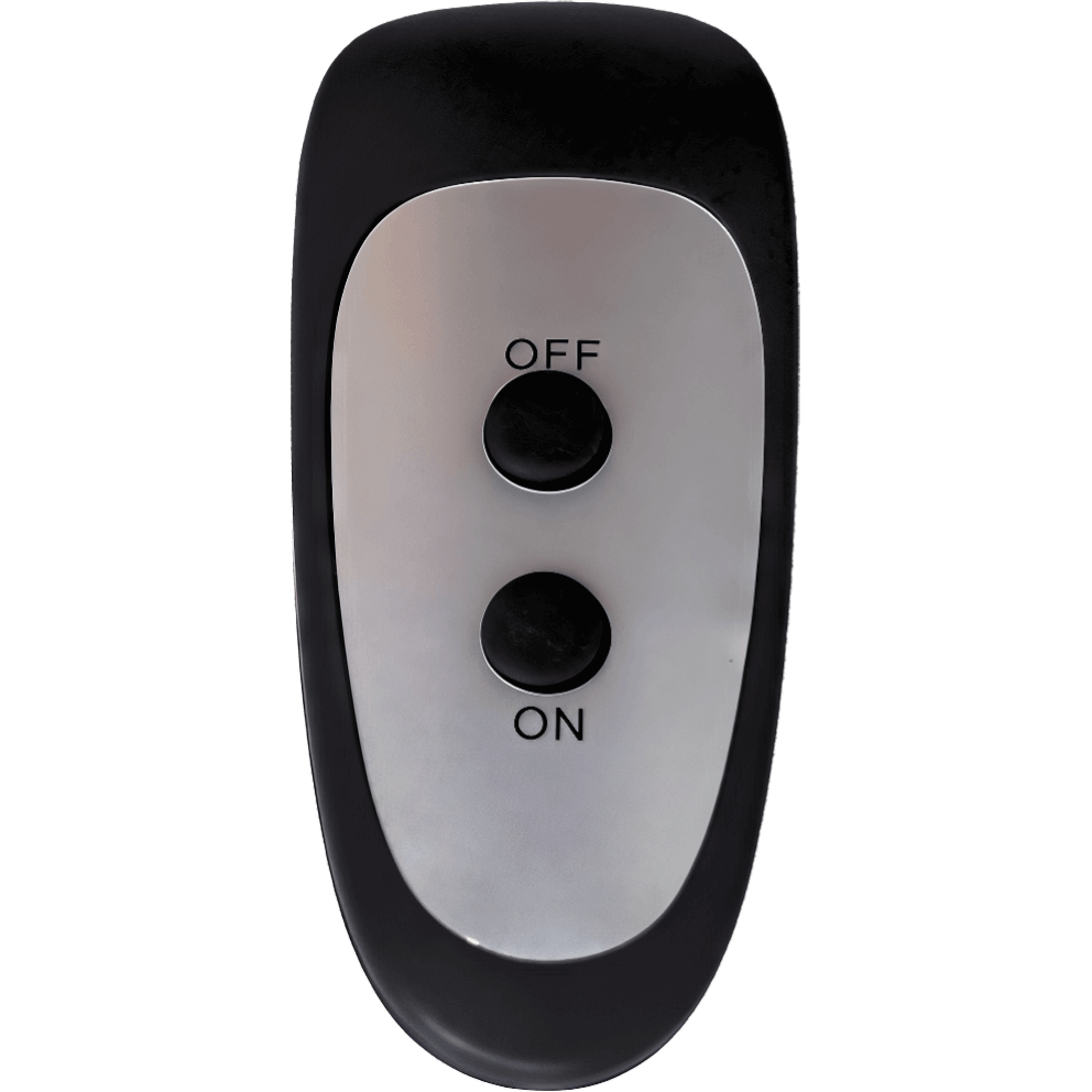 Close-up view of the compact wireless remote control for the HEA-215110CVR infrared heater. The remote has a black outer casing with a silver central faceplate displaying two vertically stacked black rubber buttons labelled “OFF” above “ON”. The design is ergonomic with slightly curved edges.