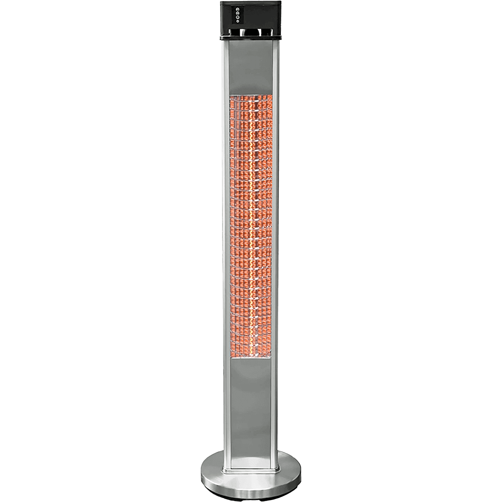 Front-facing product image of the HEA-215110CVR standing infrared heater against a plain background. The tall brushed-metal body features a large illuminated orange infrared heating element behind a rectangular protective grid. The heater stands on a circular stainless steel base, and the top is capped with a black housing that contains the control interface.
