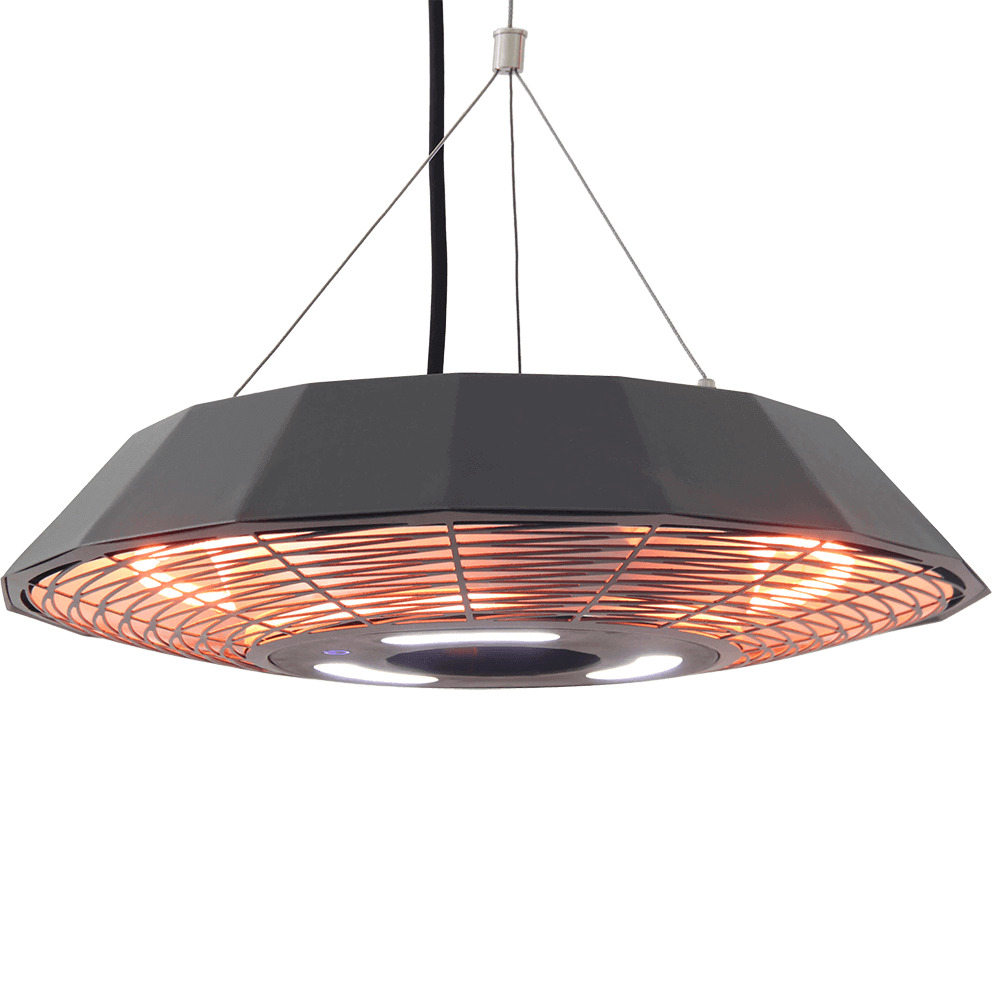 A close isolated view of the HEA21568 Hanging Infrared Heater showing its circular matte black top housing suspended by three slim stainless steel cables. The underside features a wide radial protection grille that reveals evenly glowing orange carbon filament heating elements arranged in a full circular pattern. At the centre, a cool white LED ambient light ring is visible, contrasting against the warm filament glow. The heater’s faceted outer edge, smooth finish, and clearly defined mounting point at the top are all visible, highlighting its modern suspended design and suitability for gazebos and covered outdoor spaces.