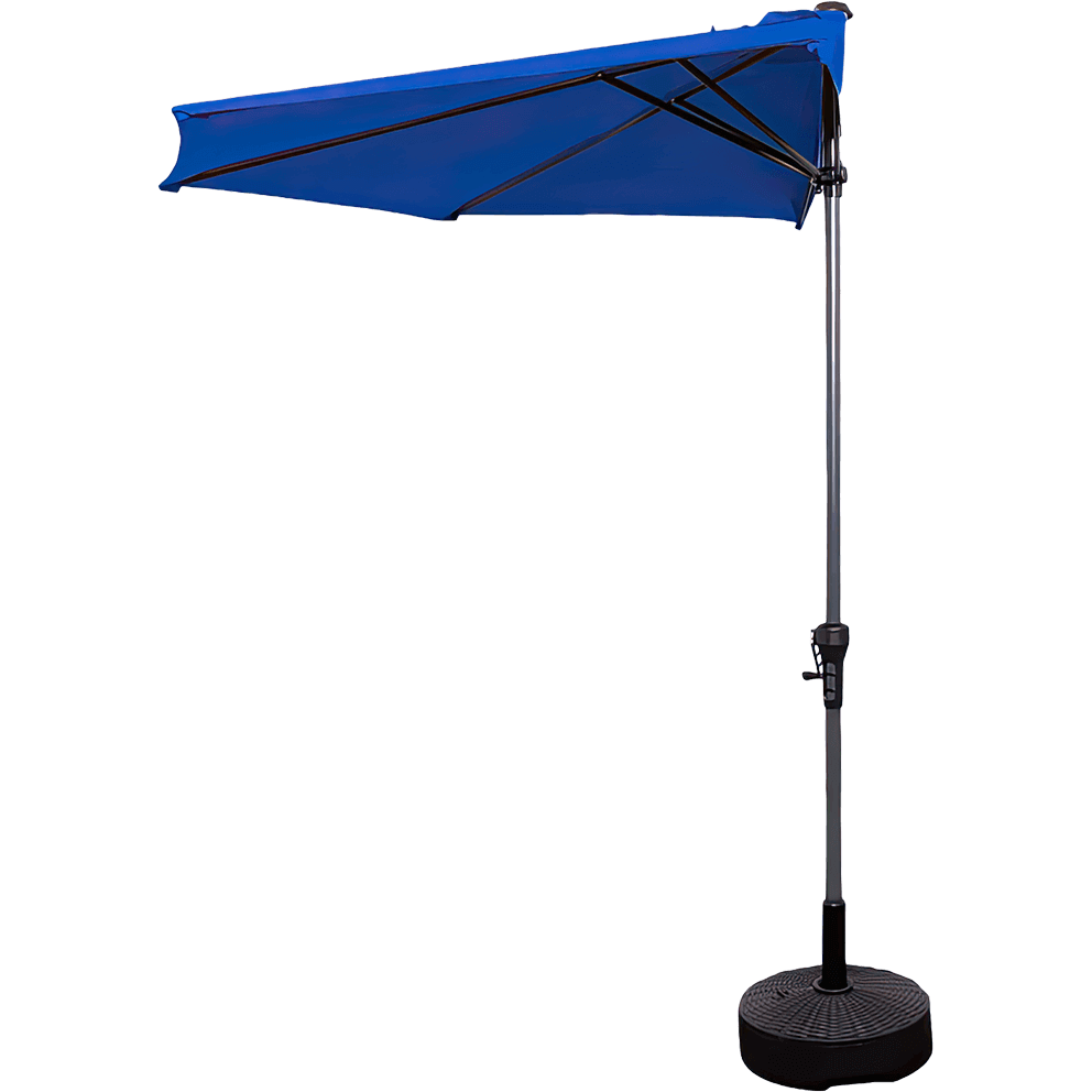 A front-facing view of the Half Wall Market Umbrella featuring a vibrant cobalt blue half-canopy mounted on a dark aluminum pole. Black internal support ribs extend diagonally from the central hub to the canopy perimeter, creating a precise geometric layout beneath the fabric. The aluminium pole includes a crank handle fixed on the right side for easy operation. The umbrella stands on a round, patterned black base and is shown on a transparent background for detailed presentation.