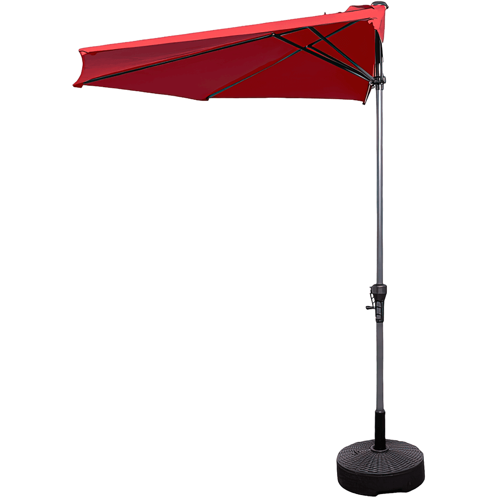 A front view of the Half Wall Market Umbrella displaying a bold red half-canopy attached to a dark aluminum pole. The canopy is supported by black ribs arranged symmetrically beneath the fabric, maintaining a structured shape. The pole includes a crank handle positioned on the right side for manual adjustment. A sturdy round black base supports the umbrella. Presented on a transparent background for clarity.