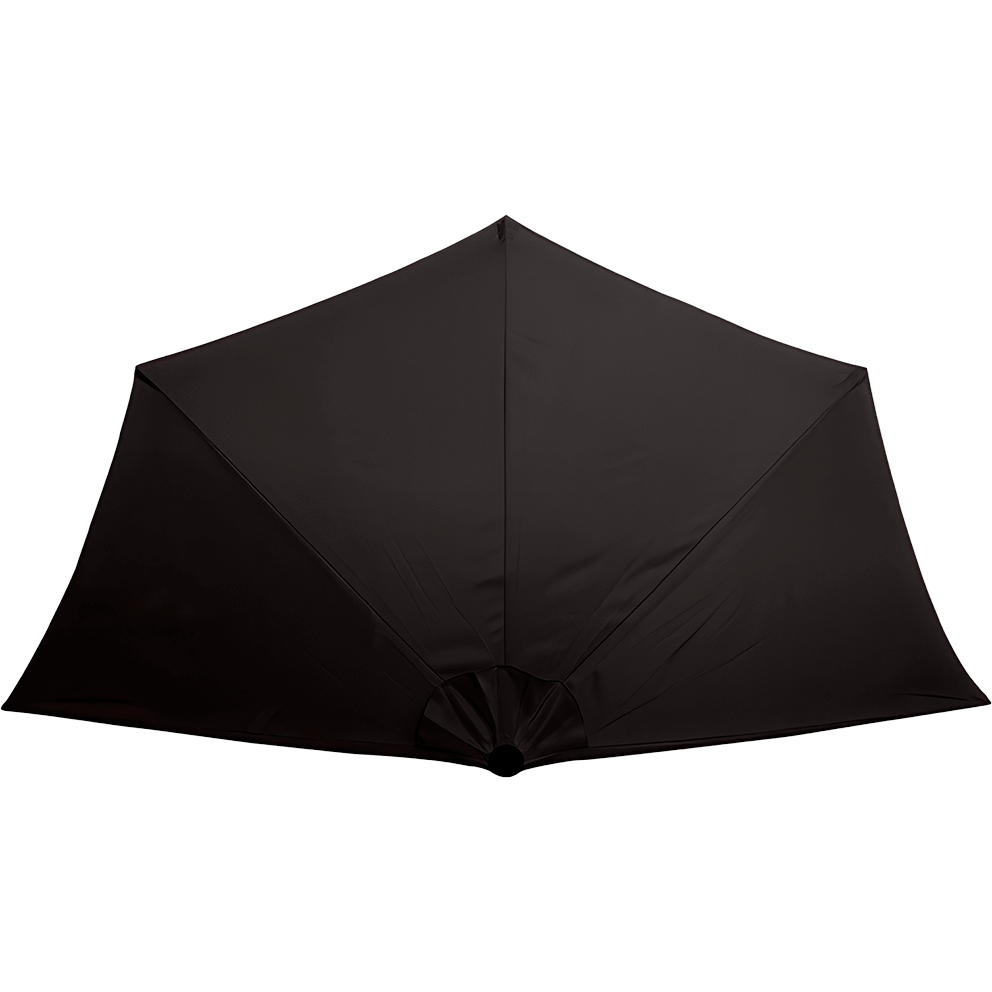 A top-down view of the Half Wall Market Umbrella canopy in solid black. The half-octagon shape is clearly defined, with stitch lines extending from the lower central hub opening to the outer edges. The canopy fabric shows natural smooth panel divisions. The aluminum pole and frame are not visible. Displayed on a transparent background.
