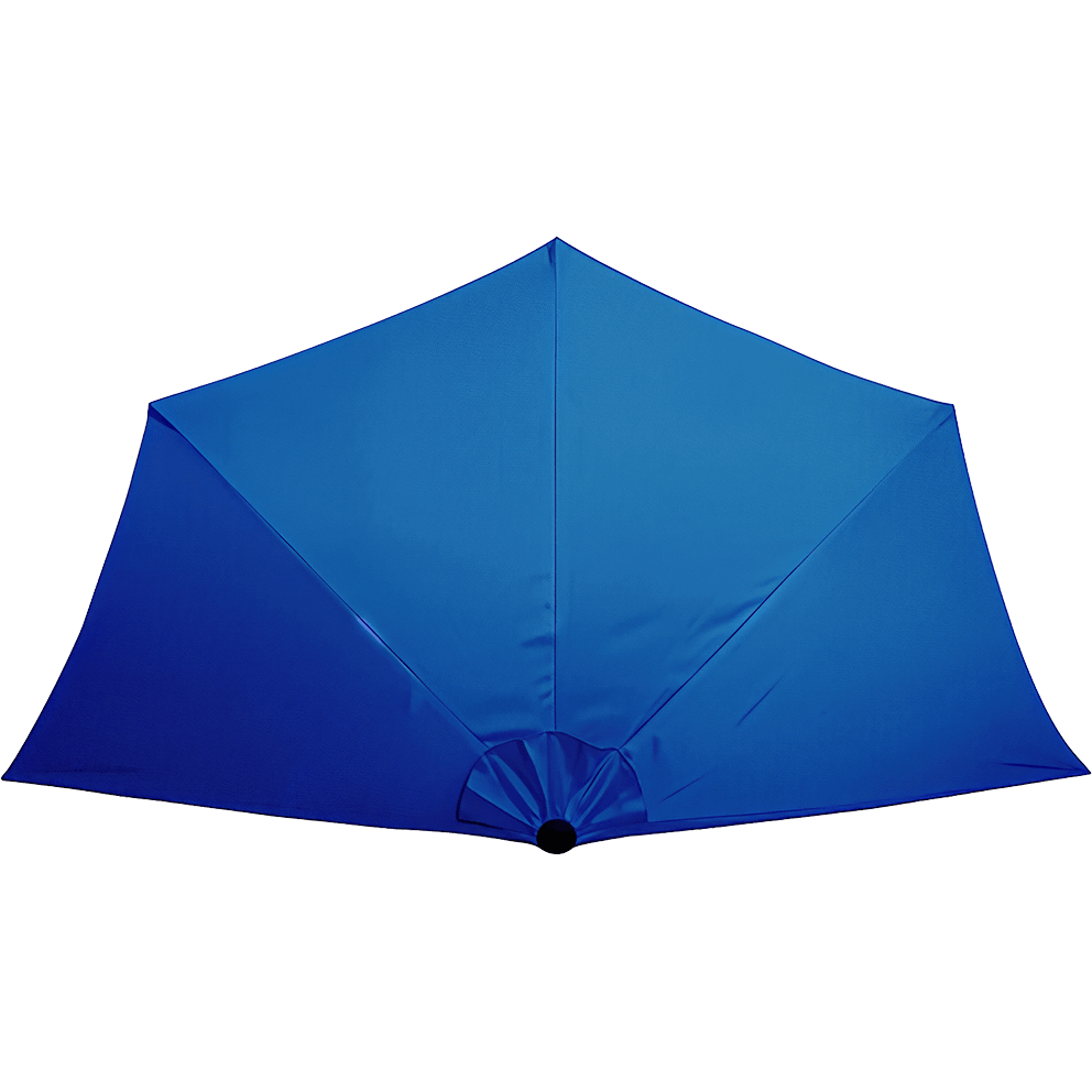 A top-down view of the cobalt blue Half Wall Market Umbrella canopy showing its distinctive half-octagon layout. Seam lines radiate outward from the lower central hub opening, dividing the fabric into triangular sections. The aluminum pole and frame are not included, focusing attention solely on the canopy shape. Set against a transparent background.
