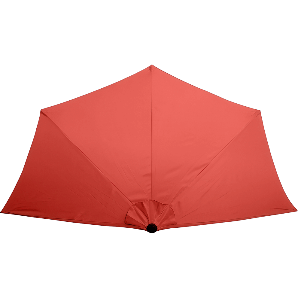 A top-down view of the Half Wall Market Umbrella canopy in a bright red shade. Straight seam lines extend from the lower central hub opening toward the outer edges, forming a structured half-octagon shape. The fabric surface is smooth with subtle panel definition. The aluminum frame and pole are not included. Displayed on a transparent background.
