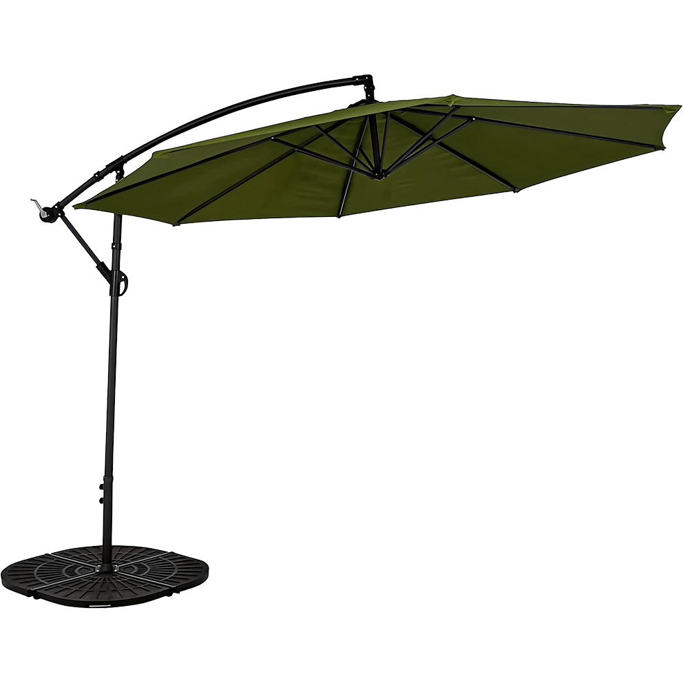 Studio side view of a 10-foot Hanging Polyester Umbrella with a rich olive-green canopy stretched over eight evenly spaced black steel ribs. The umbrella is suspended from a curved cantilever arm attached to a sturdy black aluminium pole, mounted on a round resin base patterned with radial grooves. The offset design showcases its wide, elegant coverage and stable structure ideal for patios or poolside seating areas.