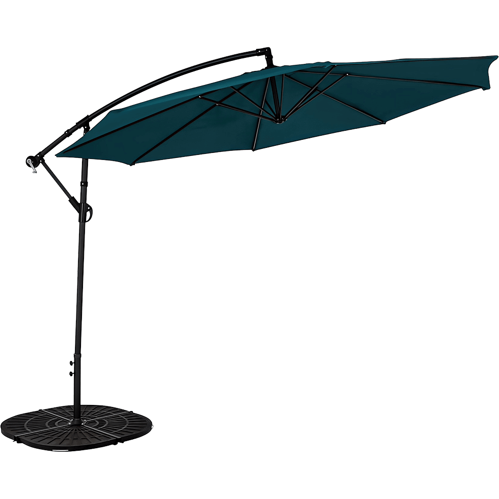 Studio side view of a 10-foot Hanging Polyester Umbrella featuring a deep teal canopy supported by eight steel ribs extending from a sleek black aluminium cantilever frame. The gently arched support arm and round grooved resin base balance the umbrella’s suspended design, creating a contemporary and durable structure perfect for outdoor entertaining in sunlit garden or deck spaces.