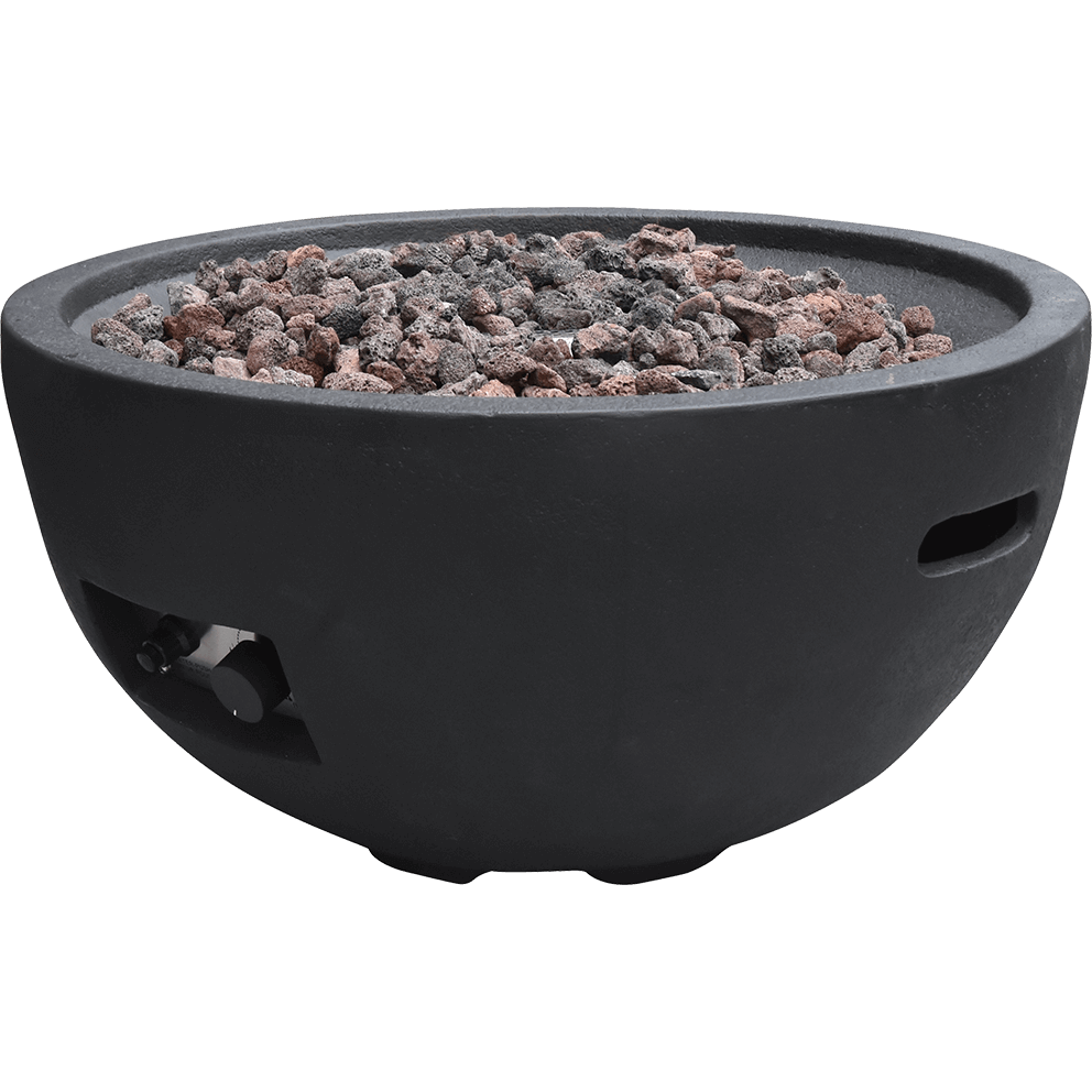 Front angled product view of the Jefferson Fire Bowl turned off, showing its round black bowl shape, smooth textured exterior, recessed side handles, and central burner covered with a protective metal plate before lava rocks are added. The clean view highlights the fire bowl’s modern shape and its compatibility with both LP and NG fuel systems.