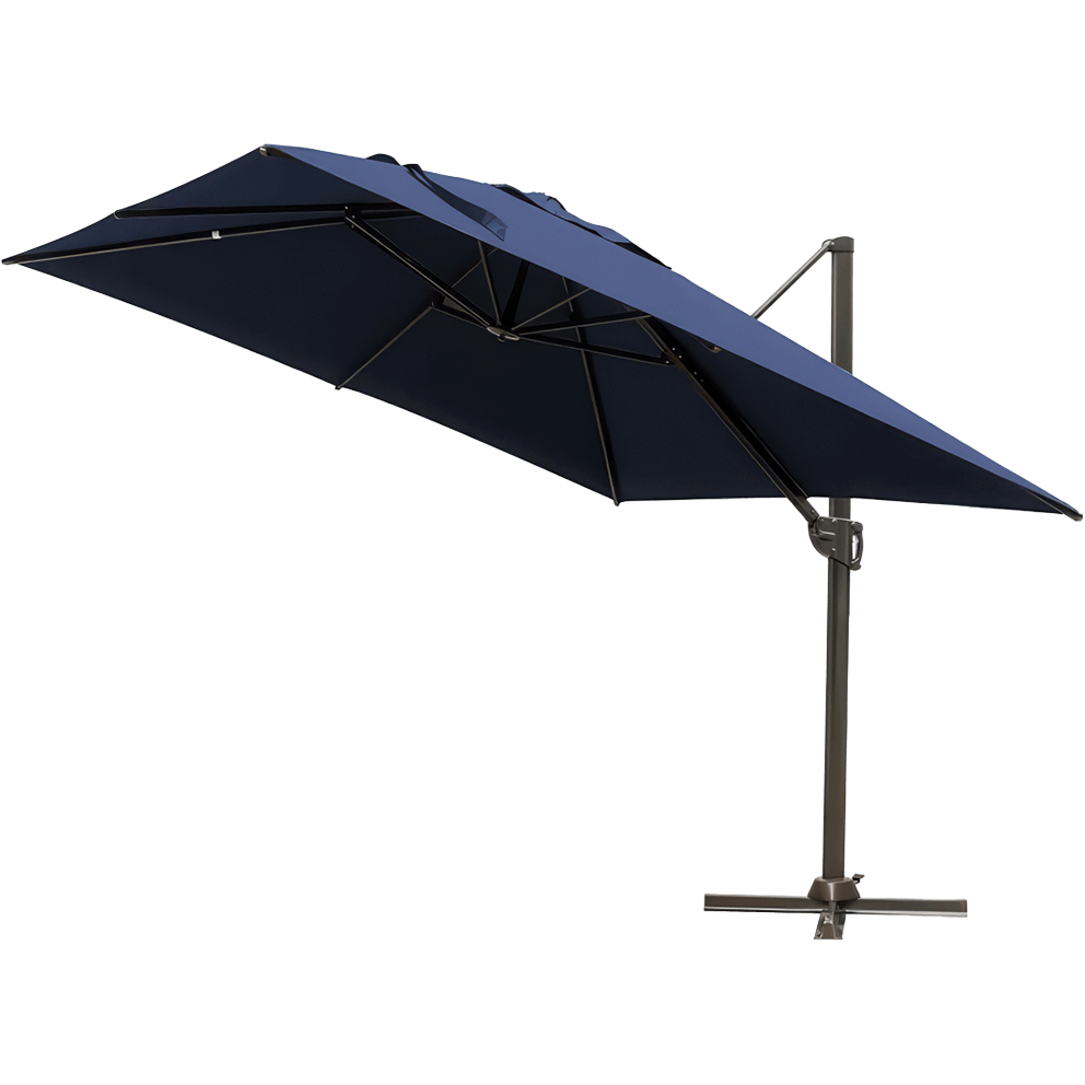 Angled product view of a 10-foot Offset Suspension Umbrella with a deep navy-blue square canopy stretched taut over eight steel support ribs. The aluminium cantilever pole extends from the side, finished in dark bronze with a cross-style base. The umbrella is shown tilted slightly backward, demonstrating its adjustable multi-angle functionality designed for optimal shade coverage across patio or poolside areas.