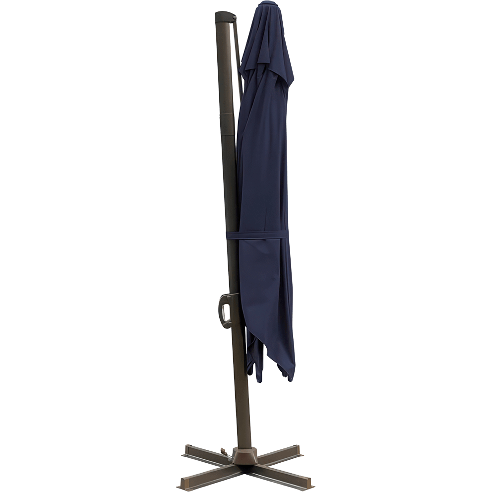 Side view of the Offset Suspension Umbrella in its closed position, with the navy-blue canopy neatly folded and secured against the upright bronze aluminium pole. The fabric is fastened mid-shaft with a tie strap, while the cross base below provides stable support. The image highlights the umbrella’s compact storage profile and sturdy construction for easy repositioning when not in use.