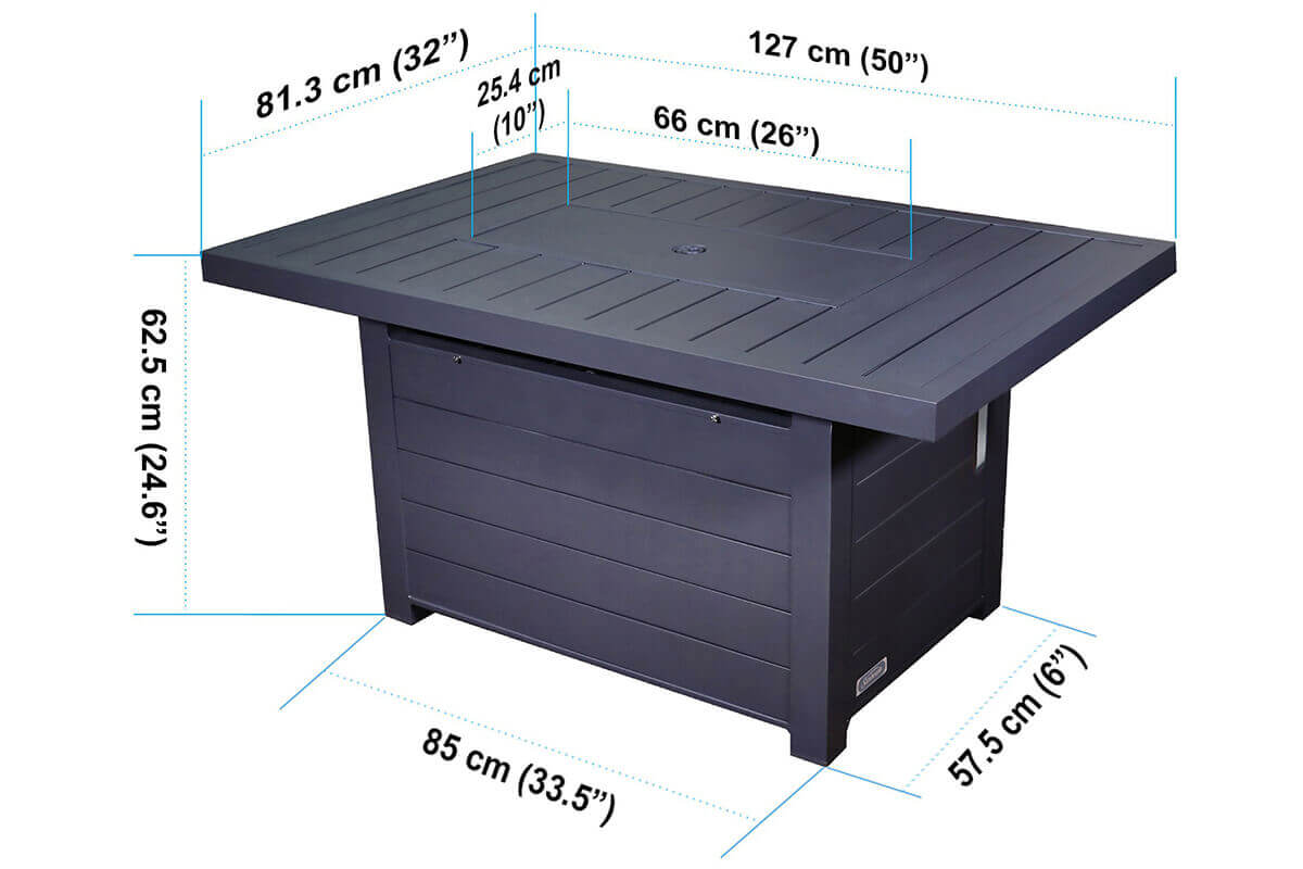 A studio-style image of the Sunbeam Serenity Fire Table shown with precise product dimensions overlaid around the frame. The matte black rectangular tabletop features evenly spaced slats running lengthwise, and the matching metal lid covers the central burner opening so the table surface is fully solid. The overlay indicates the table’s full width of 127 cm, depth of 81.3 cm, tabletop opening length of 66 cm, burner tray width of 25.4 cm, height of 62.5 cm, and base footprint measurements of 85 cm and 57.5 cm. The base panels are vertically slatted to match the top, and the framed front access door sits centrally on the face of the base. Small feet lift the structure slightly above the ground, subtly visible beneath the lower panels.