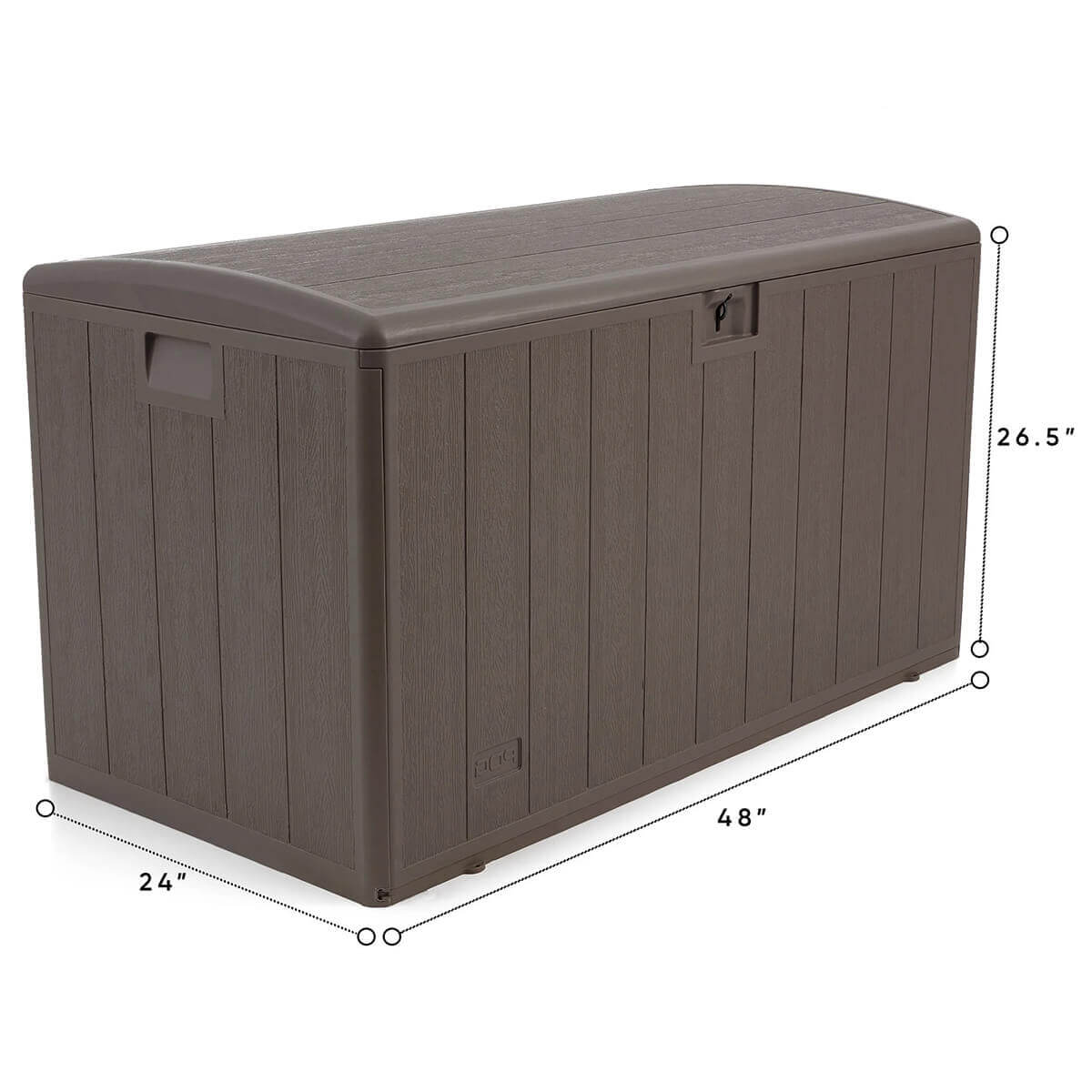 PDG 105 Gallon Resin Outdoor Storage Deck Box displayed on a white studio background with dashed dimension callouts: 26.5 inches height on the right, 48 inches width along the bottom front edge, and 24 inches depth extending from the left corner. The box features deeply textured vertical resin panelling, a curved lid with subtle overhang, a front lockable hasp, and recessed side handles.