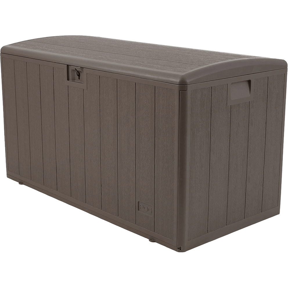 PDG 105 Gallon Resin Outdoor Storage Deck Box shown in an angled studio view on a transparent background. The driftwood-coloured resin surface features narrow vertical planks with visible wood-grain texture. The curved lid sits flush along the top, with a recessed lockable hasp centred on the front panel. Side carry handles are moulded into the upper corners, and the PDG logo is embossed near the bottom right of the front panel.