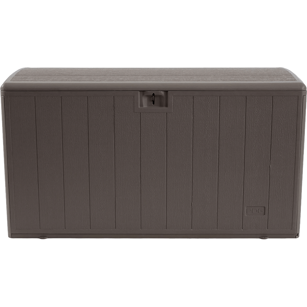 PDG 105 Gallon Resin Outdoor Storage Deck Box in a straight-on front studio view with the lid fully closed. The box features a gently arched top lid, evenly spaced vertical plank textures across the entire front face, a centred lockable hasp, and the PDG embossed logo at the lower right. The driftwood finish emphasises a natural wood-like appearance.