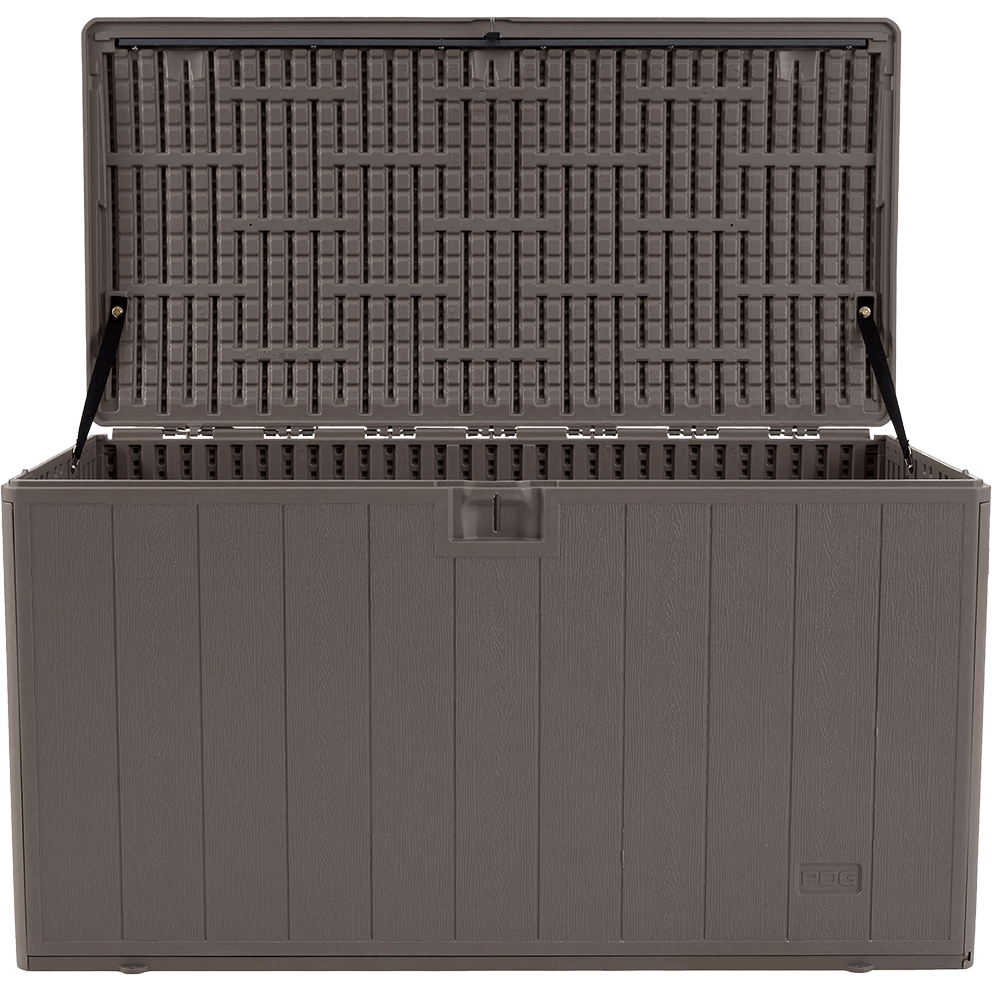 PDG 105 Gallon Resin Outdoor Storage Deck Box in a front studio view with the lid fully raised. The underside of the lid displays a reinforced grid-pattern moulding, supported on both sides by black hydraulic-style lid supports. The spacious interior is visible, showing textured resin walls and an open rectangular cavity for storage. The exterior front face features vertical plank detailing, a centred latch recess, and the PDG logo embossed near the bottom right.