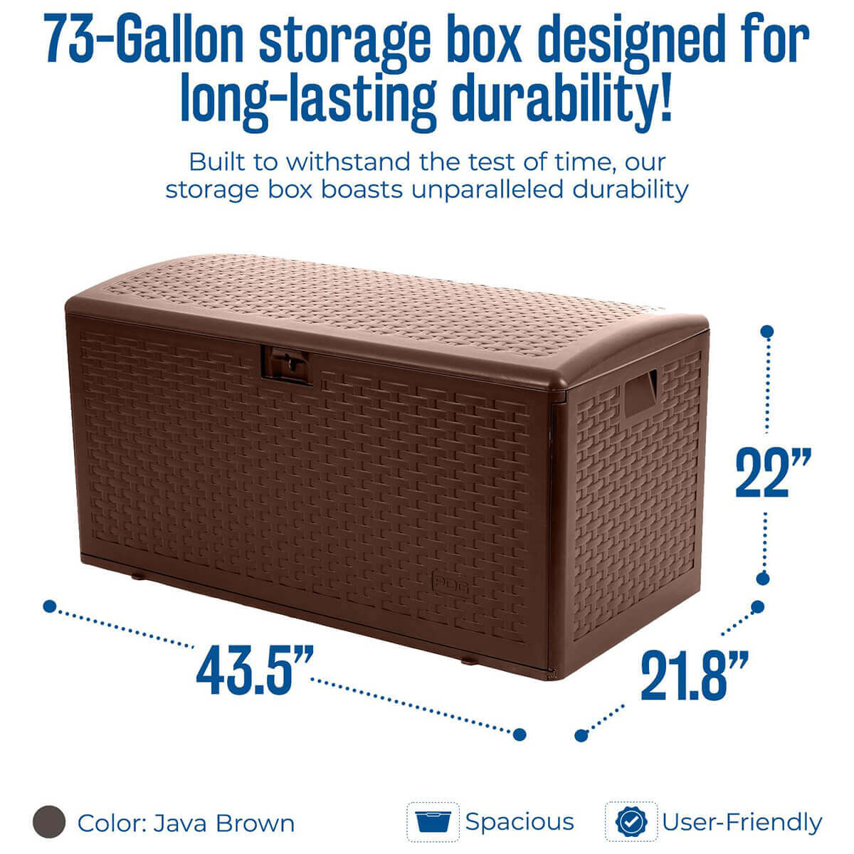 PDG 73 Gallon Resin Outdoor Storage Deck Box in java brown displayed with overlaid dimensions: 43.5 inches width at the base, 22 inches height measured from the ground to the top of the curved lid, and 21.8 inches depth extending from front to back. The image highlights the decorative wicker-pattern resin panels across the front and sides, the recessed lockable latch centred on the upper front panel, and the recessed side handles near the top corners. Text above describes the product’s long-lasting durability, with colour indicator showing Java Brown.