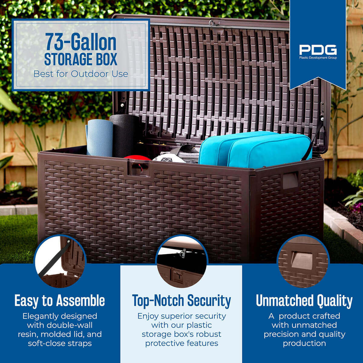 PDG 73 Gallon Resin Outdoor Storage Deck Box opened in a neatly landscaped garden. The lid is fully raised, revealing its interior support structure with evenly spaced resin reinforcement ribs. Inside the box are rolled exercise mats, turquoise outdoor cushions, and small accessories. The exterior features a tightly woven wicker-look pattern across all panels, while callout sections highlight “Easy to Assemble”, “Top-Notch Security”, and “Unmatched Quality”. The brand logo PDG appears in the upper right.