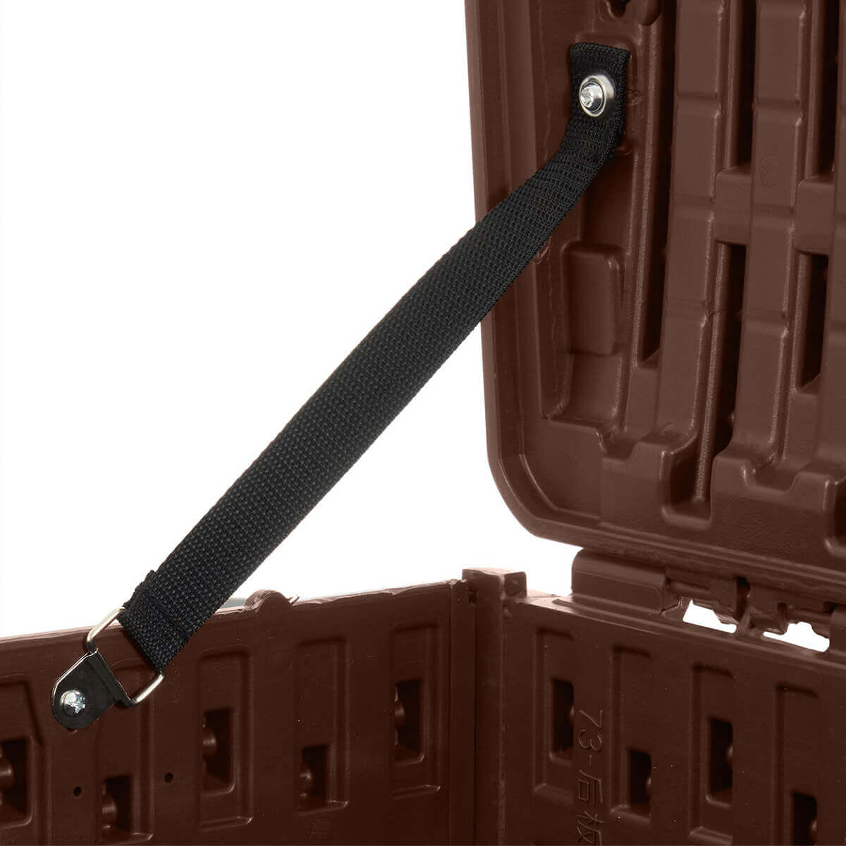 Close-up of the PDG 73 Gallon Resin Outdoor Storage Deck Box’s lid retainer strap. The strap, made from durable black woven nylon, is secured at the top with a metal screw and washer and attached at the bottom to a moulded hinge recess inside the box. The interior surface shows vertical and horizontal structural ribs used for reinforcement.