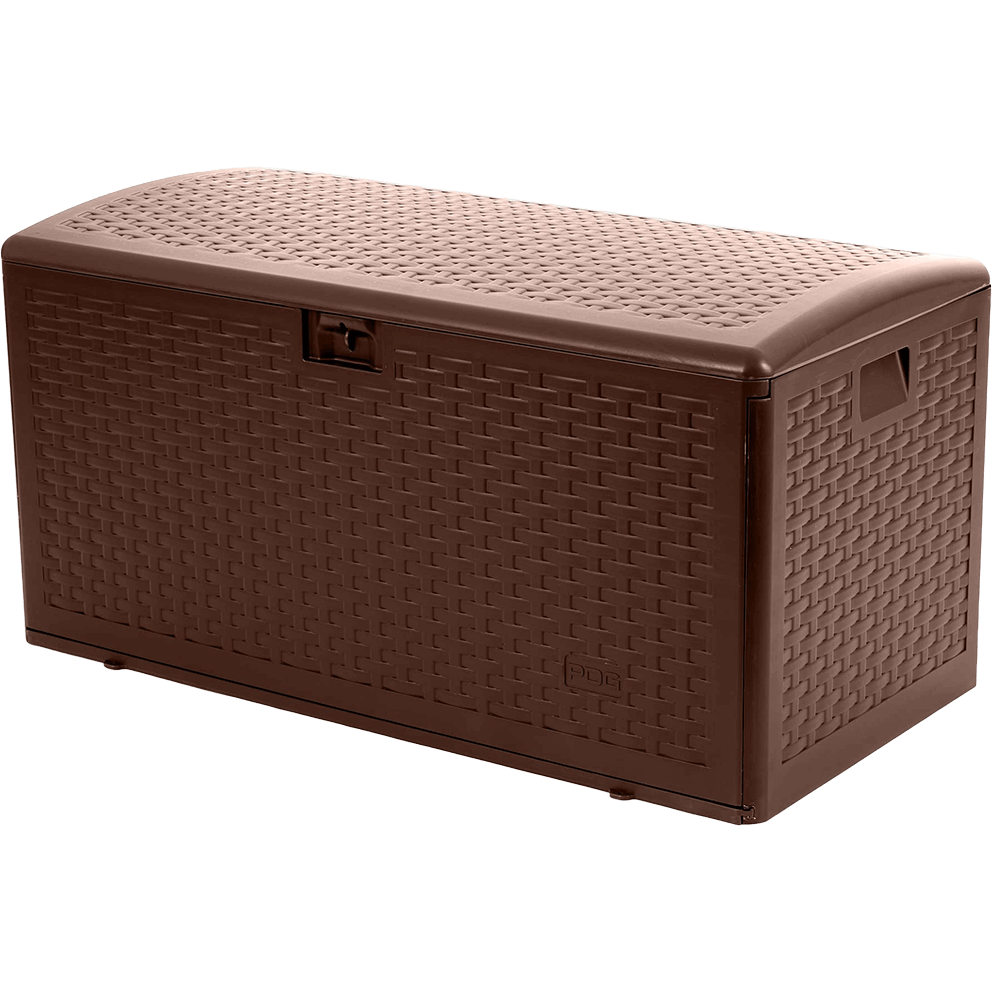 Angled closed view of the PDG 73 Gallon Resin Outdoor Storage Deck Box in java brown, showing both the front and left side. The curved resin lid meets the front panel at a slightly raised hinge line. The woven wicker-pattern texture covers all visible panels, and the front features a rectangular recessed latch in the top centre. The left-side recessed handle sits near the upper frame.