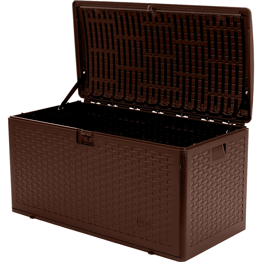 Angled open view of the PDG 73 Gallon Resin Outdoor Storage Deck Box in java brown. The raised lid reveals the interior reinforcement grid made from evenly spaced resin ribs. Two black fabric retainer straps attach at both sides to prevent overextending the lid. The front and side panels display the woven wicker-pattern texture, and the recessed latch sits centrally on the upper front panel.