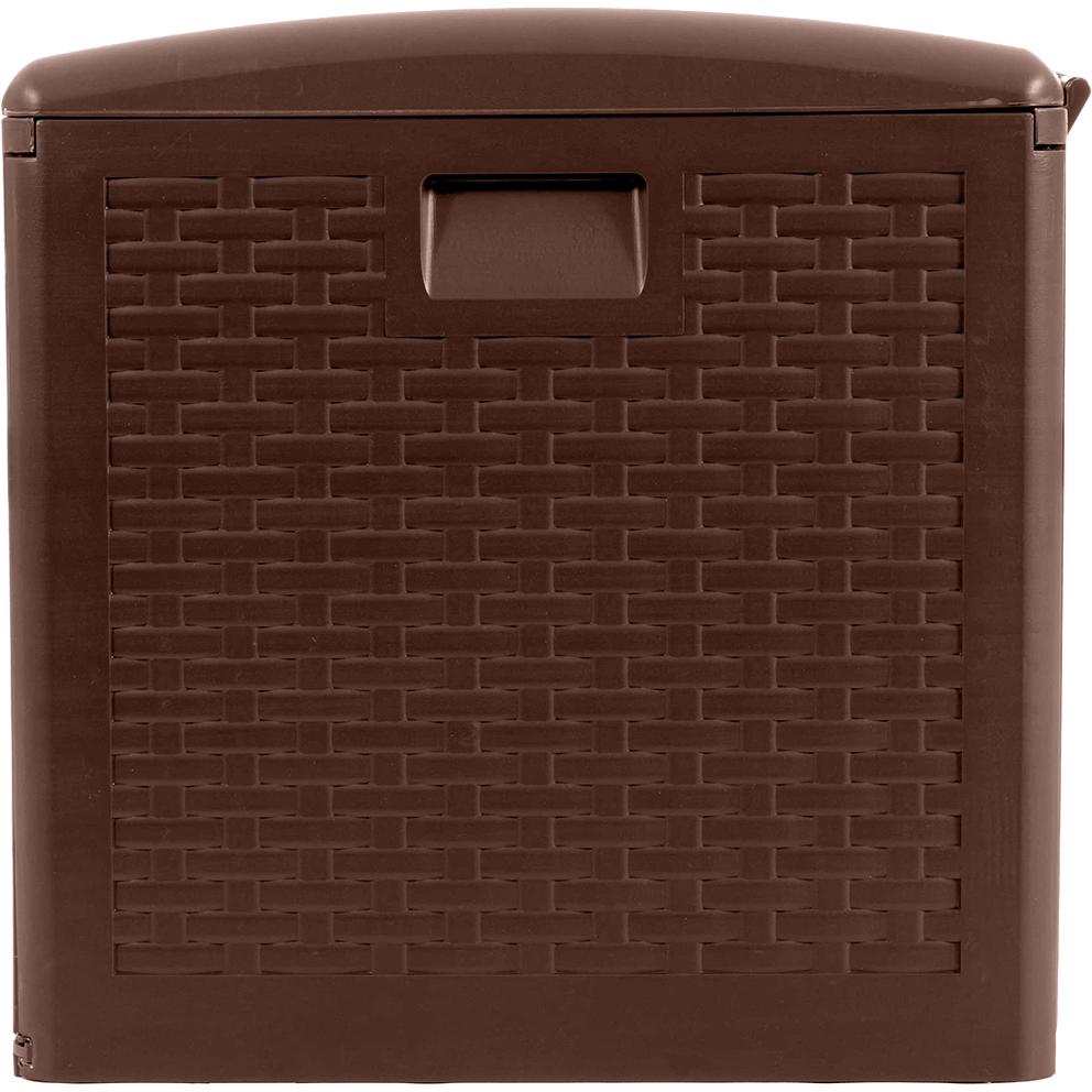 Side view of the PDG 73 Gallon Resin Outdoor Storage Deck Box in java brown, showing the right-side panel with its raised wicker-pattern texture arranged in tight rectangular weaves. The integrated side handle is centred horizontally and positioned near the top edge of the panel, recessed into a rectangular moulded frame. The domed lid curves gently downward over the side wall, and the lower frame sits flush against the ground, supported by four small corner feet.