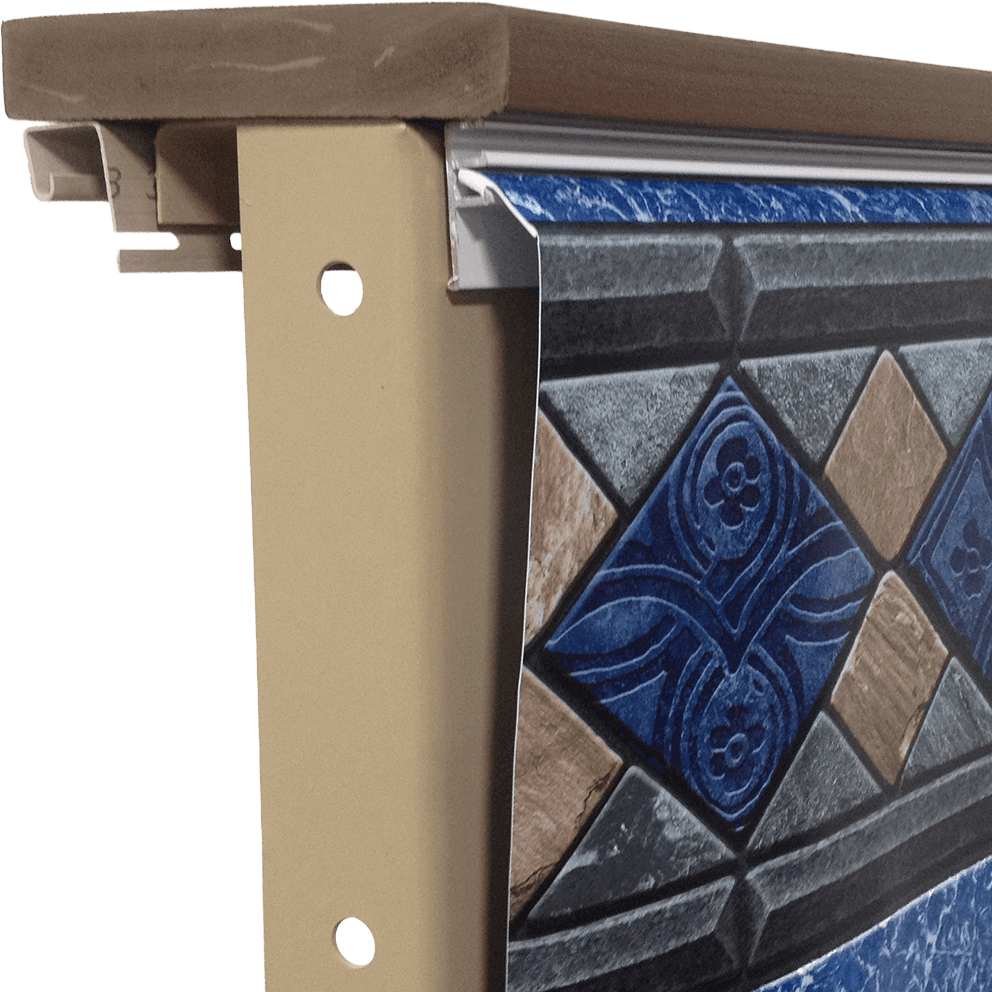 Close-up corner view of the Fox Ultimate Pool featuring the Synthetic Wood coping option. The coping has a flat, rectangular profile with a warm brown, wood-look finish that mimics natural timber grain. It sits directly on top of the pool wall, above the liner track and patterned vinyl liner, creating a more traditional, natural aesthetic. The synthetic material shows subtle grain texture and tonal variation, designed to resemble real wood while offering enhanced durability and low maintenance.