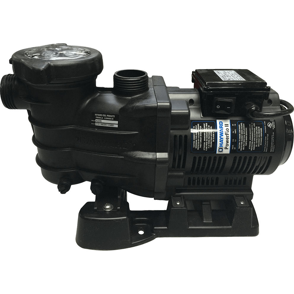 Angled product image of a Hayward PowerFlo II above ground pool pump shown isolated on a transparent background, viewed from the left side at a slight three quarter angle. The pump features a compact, matte black, non conductive and corrosion proof housing constructed from moulded PermaGlass XL, giving it a durable, industrial appearance. On the far left, a horizontally oriented threaded intake port extends outward from the rounded strainer housing. Above this intake, a raised strainer basket chamber is topped with a clear Lexan see through lid, secured using integrated quarter turn hand knobs that are evenly spaced around the lid perimeter for easy removal and maintenance visibility. The strainer housing flows directly into the main pump body, where a vertically oriented threaded discharge port is positioned near the top centre of the housing. The cylindrical motor housing extends to the right and features multiple vertical ventilation slots along its side for cooling. A rectangular Hayward PowerFlo II identification label is mounted prominently on the motor casing, displaying the Hayward brand name with PowerFlo II text beneath it in contrasting colours. Above the motor, a black electrical control box is mounted horizontally and includes a clearly visible on off rocker switch on its front face. The motor and pump assembly rest on a rigid rectangular base with integrated mounting feet, designed to provide stability during operation. Overall, the image highlights a heavy duty, high performance pool pump engineered for efficient circulation, quieter operation, corrosion resistance, and simplified maintenance in above ground swimming pool systems.