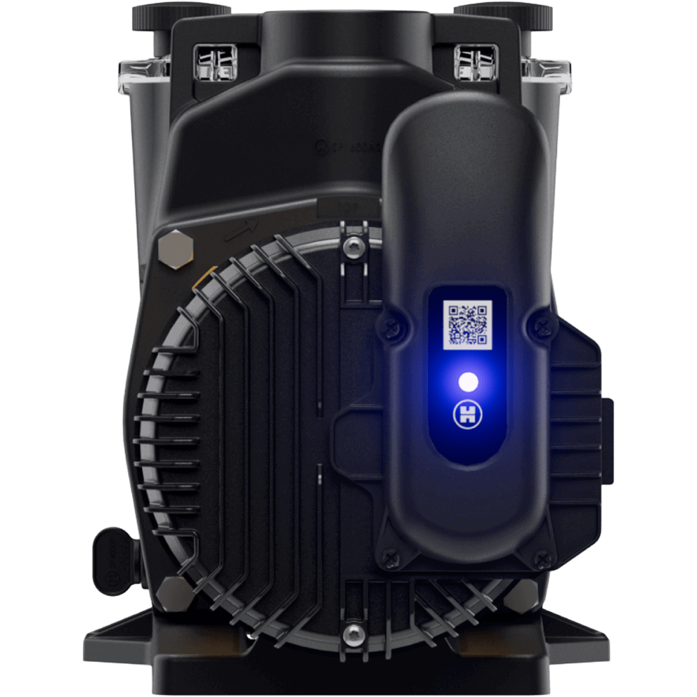 Rear motor end view of the Hayward Super Pump VS 615 Pool Pump with OmniX on a transparent background, centred on the circular black rear fan shroud with deep radial fins. A tall, rounded OmniX module sits vertically over the right half of the motor end, displaying a square QR code near the top, a bright blue glowing status light in the middle, and a small circular Hayward “H” icon below the light. The base rail is visible at the bottom, and the upper edge of the pump housing and lid hardware is faintly visible behind the motor end.