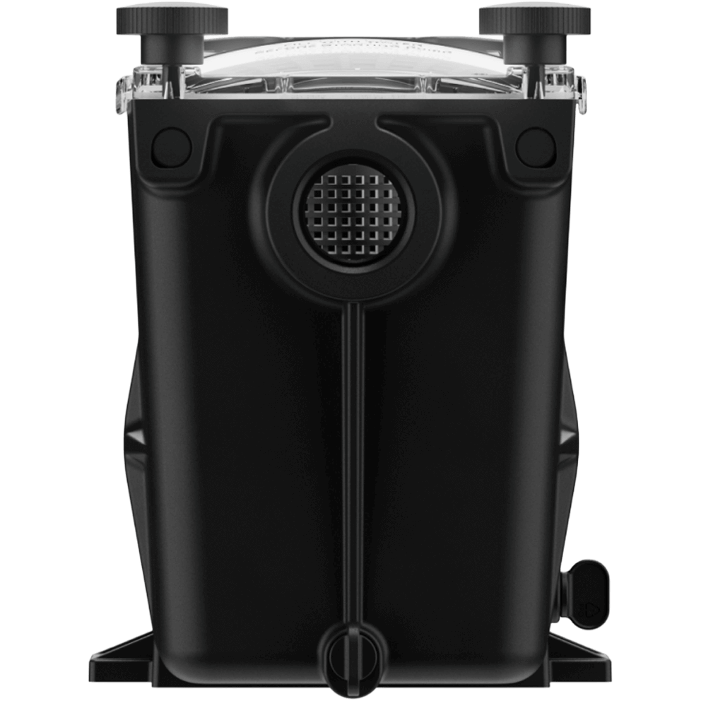 Rear-facing view of the Hayward Super Pump VS 620 Pool Pump with OmniX on a transparent background, focused on the back of the motor assembly. The black rear motor end cap features a circular pattern of ventilation slots, with the OmniX antenna module mounted vertically at the centre. The antenna housing displays a bright blue illuminated status light and a QR code label above it, indicating wireless connectivity. The base plate extends beneath the motor, with mounting holes visible near the corners.