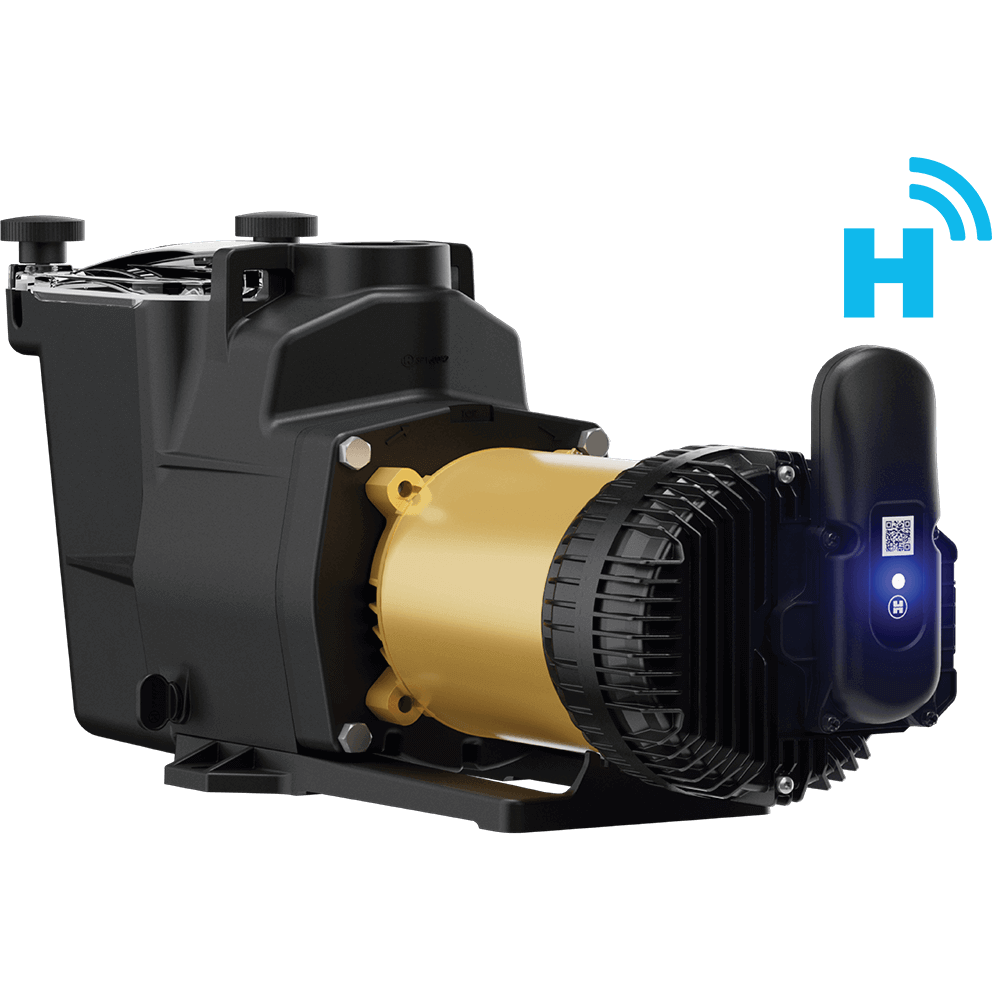 Angled rear three quarter view of the Hayward Super Pump VS 620 Pool Pump with OmniX on a transparent background, highlighting the rear motor assembly and OmniX module. The gold motor body transitions into the black rear housing with deep cooling fins, while the vertical OmniX antenna stands prominently at the back with its blue status light illuminated. The strainer housing is partially visible at the left, with the clear lid and hand knobs catching light reflections.