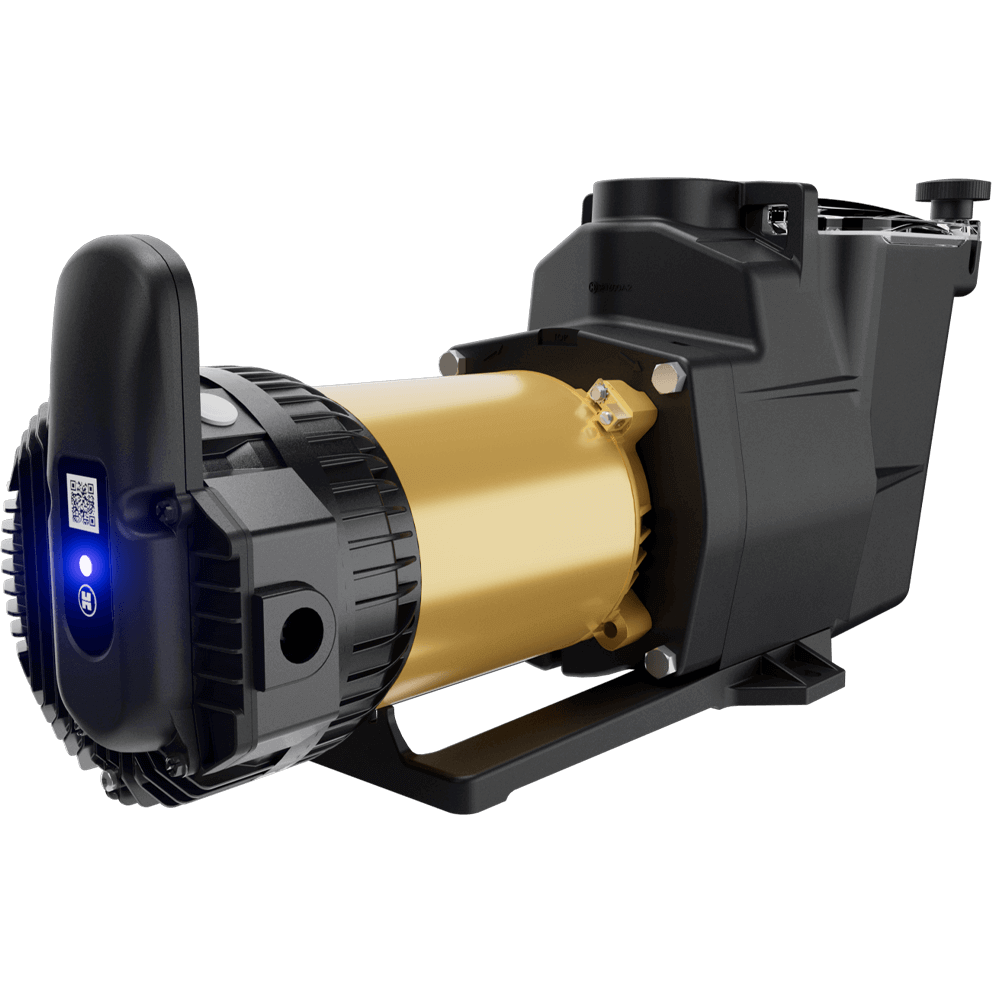 Angled front three quarter view of the Hayward Super Pump VS 620 Pool Pump with OmniX on a transparent background, emphasising the front strainer housing and suction inlet while still showing the full motor length. The clear strainer lid, white internal basket, and black hand knobs are clearly visible, with the discharge port rising from the top rear of the housing. The gold motor and rear OmniX antenna module remain visible in the background, establishing the pump’s full layout.