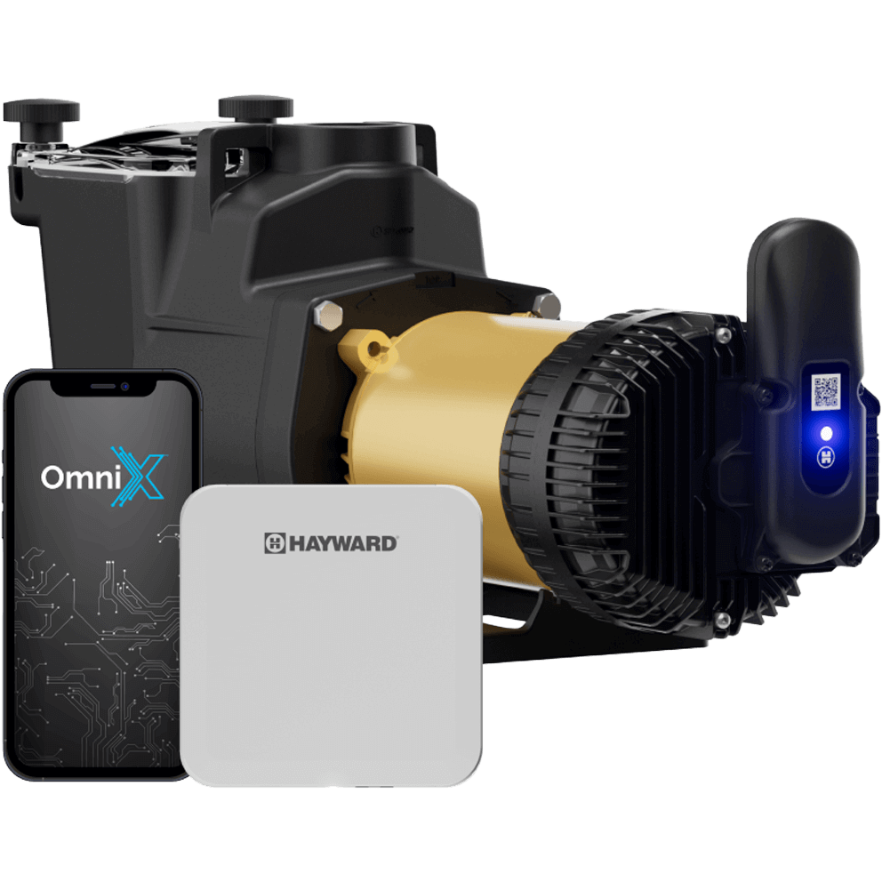 Close-up rear angled view of the Hayward Super Pump VS 620 Pool Pump with OmniX on a transparent background, tightly framing the OmniX antenna module mounted on the rear motor housing. The black antenna enclosure features a glowing blue indicator light centred below a printed QR code, while the surrounding motor housing shows detailed cooling vents and fasteners. The gold motor cylinder is partially visible to the left, providing context for the module’s placement.