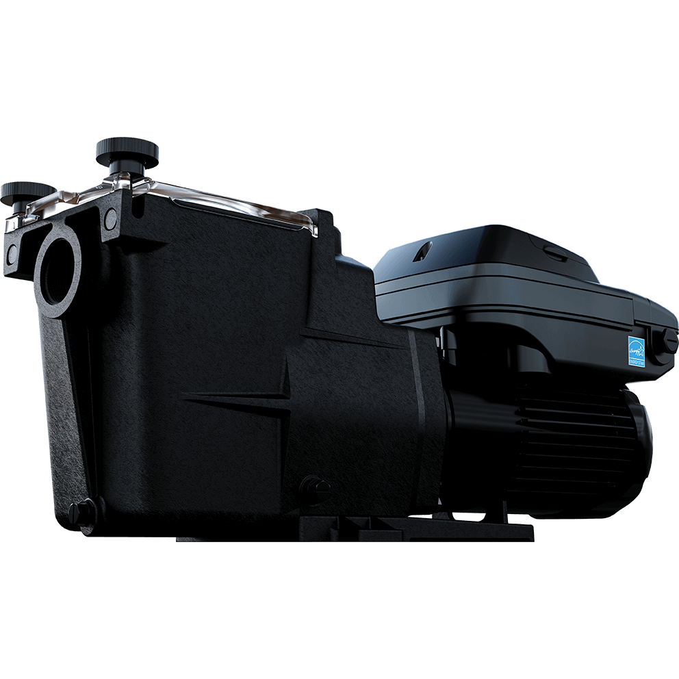 Angled front three quarter view of the Hayward Super Pump VS 700 pool pump, shown isolated on a transparent background, with the strainer housing positioned at the front left and the motor extending horizontally to the right. The strainer pot features a clear rectangular polycarbonate lid secured by two round black hand knobs mounted on metal swing clamps at the front corners, allowing visibility into the internal square strainer basket. A threaded front suction inlet is centred on the face of the strainer housing, while a raised threaded discharge outlet is positioned on top of the volute near the motor junction. The pump body is moulded from textured black composite with reinforced angular ribs, mounted on an integrated rectangular base. The cylindrical motor housing has horizontal cooling fins and supports a top-mounted digital control module with a closed protective lid, its curved cover sitting flush over the keypad area.