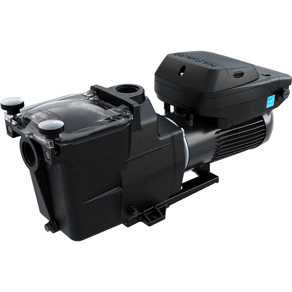 Angled front three quarter view of the Hayward Super Pump VS 700 pool pump, isolated on a transparent background, showing the same orientation as the previous view with the strainer housing at the front left and motor to the right. The clear strainer lid and dual hand knobs are visible from above, and the front suction port is partially angled toward the viewer. The control interface lid on top of the motor is closed, forming a smooth, slightly domed cover that follows the contour of the motor housing. Subtle moulded branding and fasteners are visible along the pump body, with the base feet aligned flat beneath the unit.