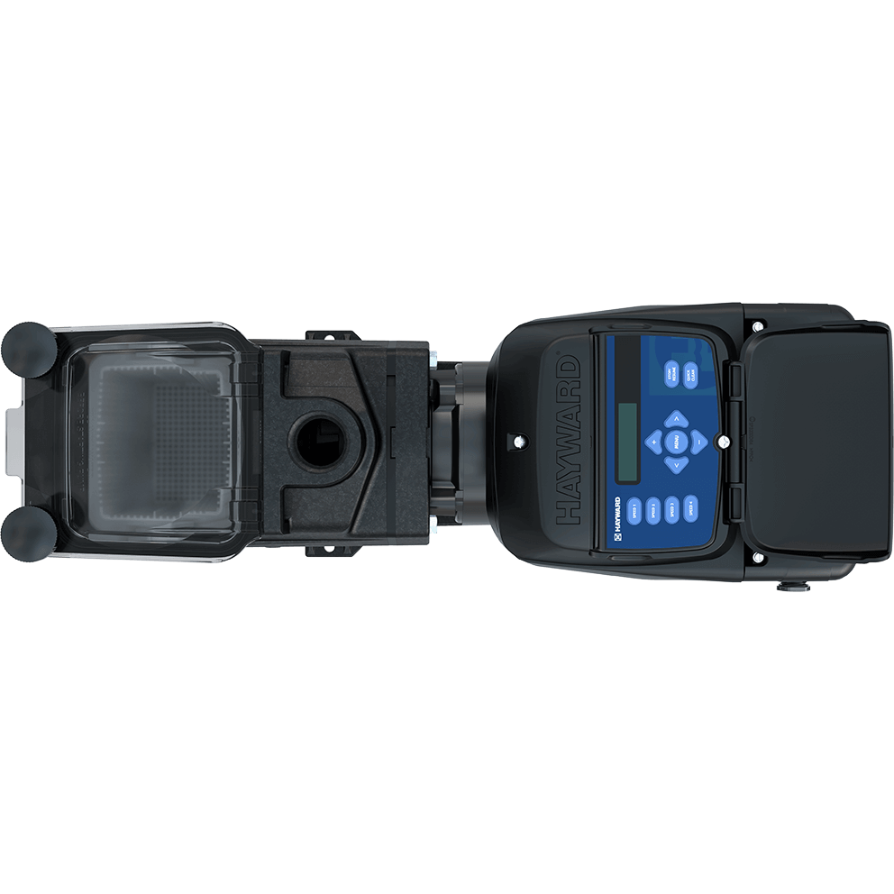 Top-down view of the Hayward Super Pump VS 700 pool pump, isolated on a transparent background, showing the entire pump length from above with the strainer housing at the top of the frame and the motor and control interface extending downward. The clear strainer lid reveals the square basket grid beneath, with both hand knobs symmetrically positioned at the top corners. The circular threaded discharge outlet is visible on the volute directly behind the strainer lid. The digital control interface is visible beneath a closed protective lid, centred on the motor, with the rectangular lid aligned parallel to the pump body.