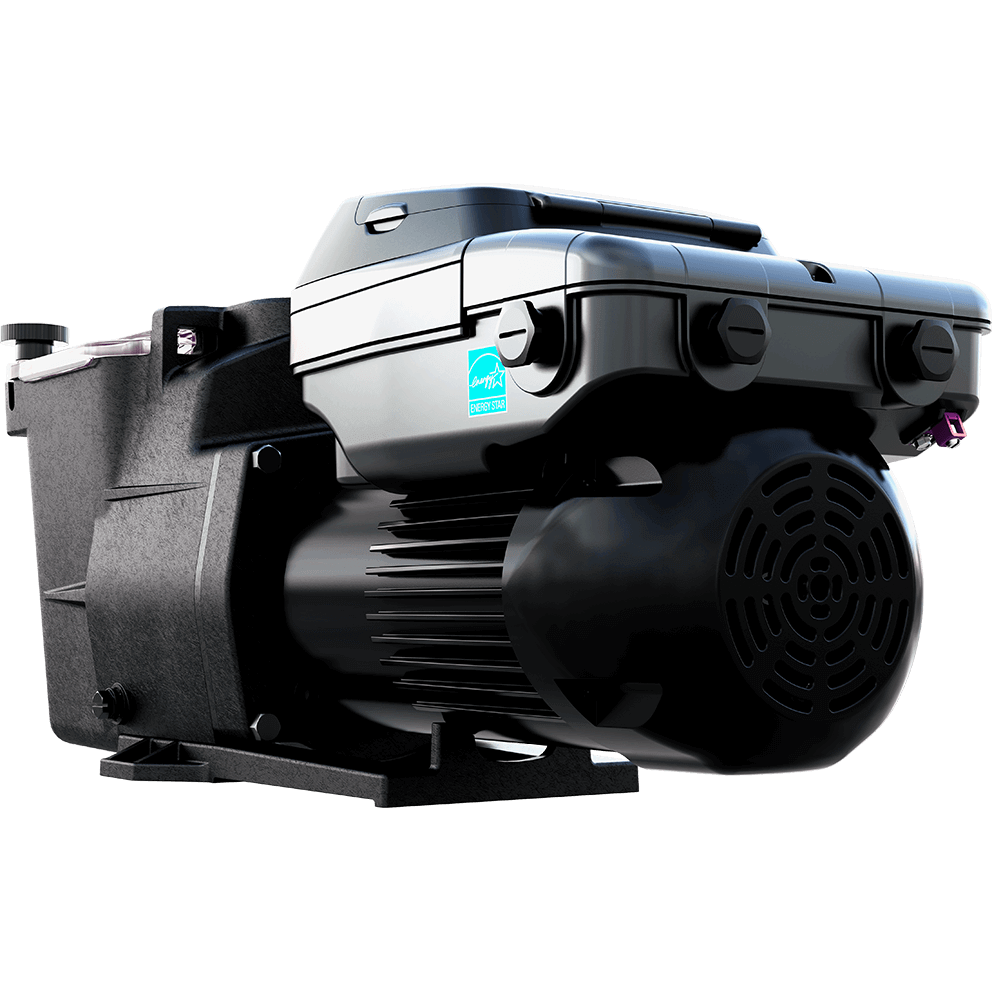 Angled rear three quarter view of the Hayward Super Pump VS 700 pool pump, isolated on a transparent background, with the motor and rear fan cover facing the viewer and the strainer housing positioned toward the left rear. The cylindrical motor housing shows a rounded rear fan shroud with radial ventilation openings, while the digital control module sits on top with its protective lid closed. Electrical conduit entry points and fastener caps are visible along the rear of the control housing. The pump base is visible from beneath, showing reinforced mounting rails extending lengthwise.