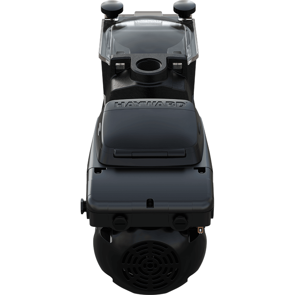 Front-facing view of the Hayward Super Pump VS 700 pool pump, isolated on a transparent background, centred on the strainer housing. The threaded front suction inlet is fully visible and aligned directly toward the viewer. The clear strainer lid sits flush on top, secured by two hand knobs positioned symmetrically at left and right. The discharge outlet rises vertically behind the lid, and the motor and control interface are partially visible behind the strainer housing, aligned straight back from the viewer’s perspective.