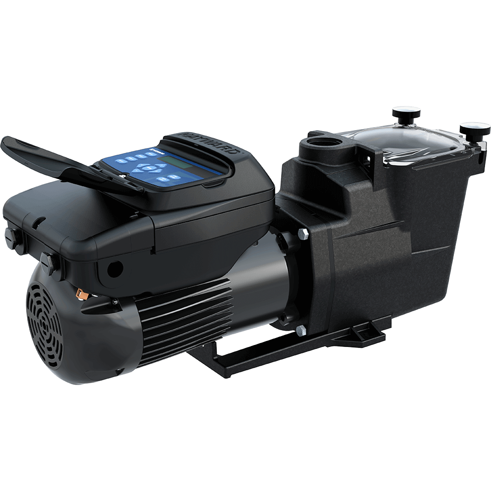 Angled front three quarter view of the Hayward Super Pump VS 700 pool pump, isolated on a transparent background, showing the strainer housing at the front left and motor extending to the right. The clear strainer lid and hand knobs are visible, along with the top-mounted digital control interface with the protective lid closed, concealing the keypad and display. The lid sits flush against the control housing, with its hinge line visible at the rear. The pump body, motor fins, and base alignment match the same orientation as the corresponding open-lid view.