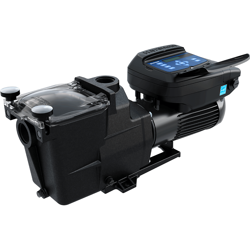 Angled front three quarter view of the Hayward Super Pump VS 700 pool pump, isolated on a transparent background, presented as a clean product hero image. The strainer housing, clear lid, and hand knobs are prominently visible at the front left, with the discharge outlet rising vertically behind the lid. The motor extends to the right with horizontal cooling fins, and the digital control interface sits on top with the protective lid closed. The integrated base is fully visible beneath the pump, showing its rectangular footprint and mounting structure.