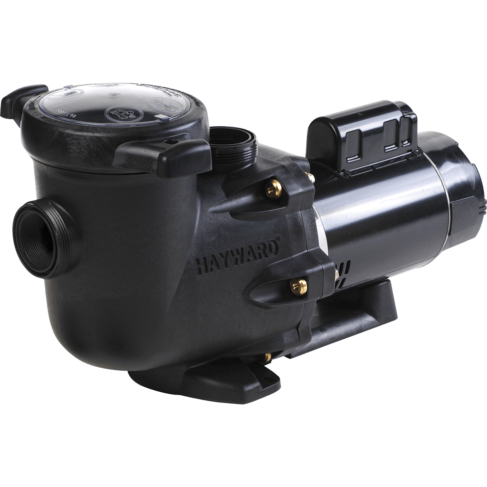 Angled front three quarter view of the Hayward TriStar Full-Rate Pool Pump, shown isolated on a transparent background, featuring a heavy-duty black composite pump housing with a large integrated strainer pot positioned on the left side and a cylindrical electric motor extending horizontally to the right. The strainer housing has a smooth, rounded profile with a wide clear polycarbonate lid on top, secured by two thick black ergonomic locking tabs positioned opposite each other for tool-free removal. The transparent lid reveals the internal basket area beneath and includes moulded safety markings and directional icons. A threaded front suction inlet is visible on the left face of the strainer housing, while a vertically oriented discharge outlet rises from the top rear of the strainer body, both sized for high-flow plumbing. The pump body displays the raised HAYWARD brand name moulded into the side of the housing. Four brass-coloured bolts evenly spaced around the volute secure the wet end to the motor assembly. The motor casing is smooth and cylindrical with a metallic dark finish, capped at the rear and supported by an integrated black base foot. The entire unit sits on a wide, moulded base designed for stable pad mounting, with subtle surface texture and reinforced contours visible along the housing.