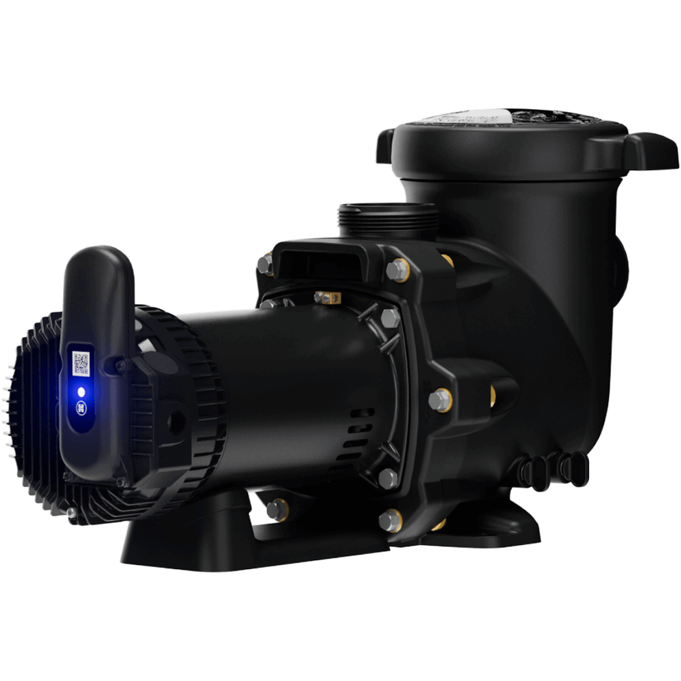 Angled front three quarter view of the Hayward TriStar VS 810 Pool Pump with OmniX shown against a transparent background, featuring the matte black pump housing with the large round strainer pot positioned at the rear, the clear strainer lid with integrated locking tabs on top, the threaded top discharge port centred above the volute, and the cylindrical motor extending forward with radial cooling vents and gold-toned mounting bolts evenly spaced around the volute flange.